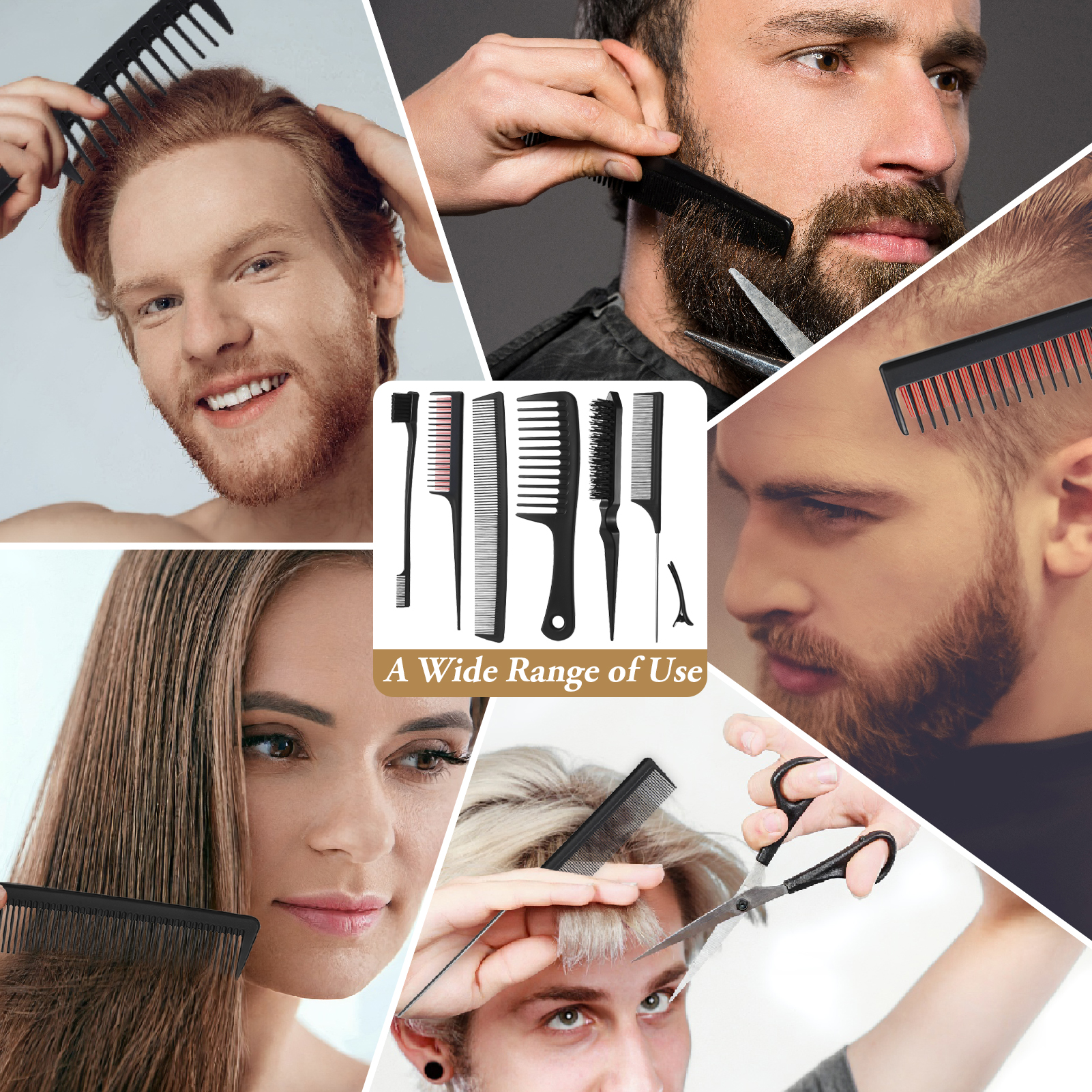 Abaima 14Pcs Black Hair Styling Combs Set,Professional Styling Comb Including Double-Sided Edge Brush,Bristle Hair Brush,Edge Hair Brush,Sectioning Clips for Women Men