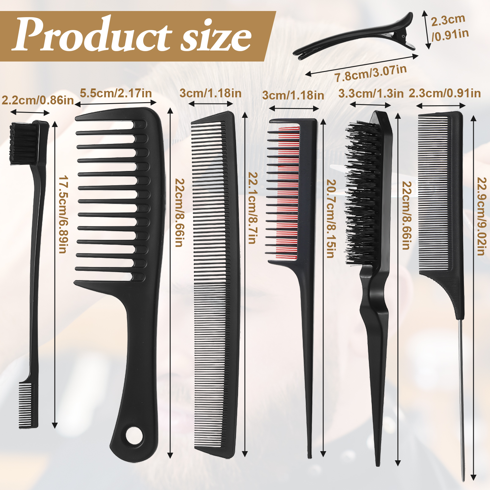 Abaima 14Pcs Black Hair Styling Combs Set,Professional Styling Comb Including Double-Sided Edge Brush,Bristle Hair Brush,Edge Hair Brush,Sectioning Clips for Women Men