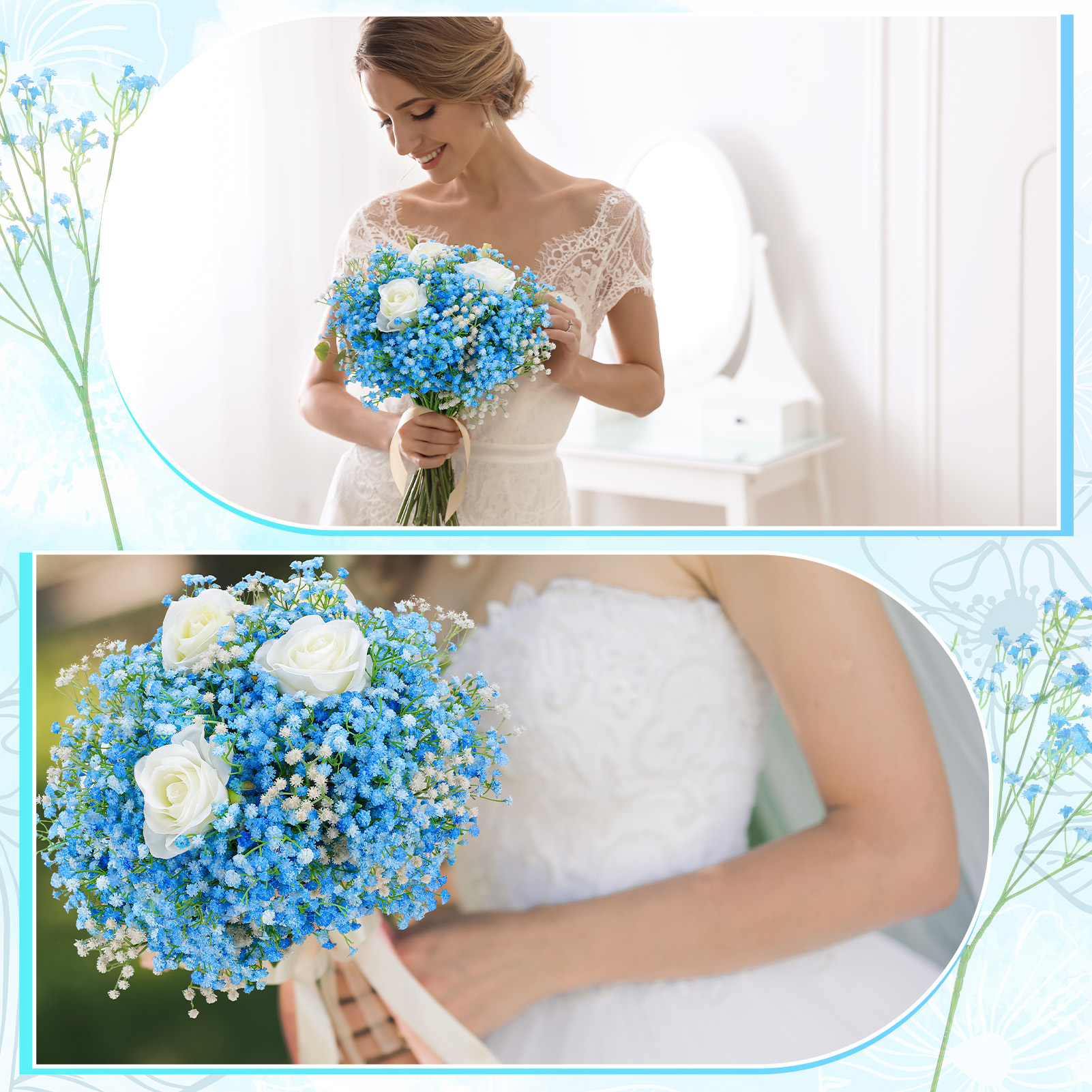 Armscye 24 Pack Artificial Baby's Breath Flowers, Realistic Fake Gypsophila with Bendable Stems for Wedding Decor, Home Arrangements, Blue-White Real Touch PU Flowers, 20.5inch