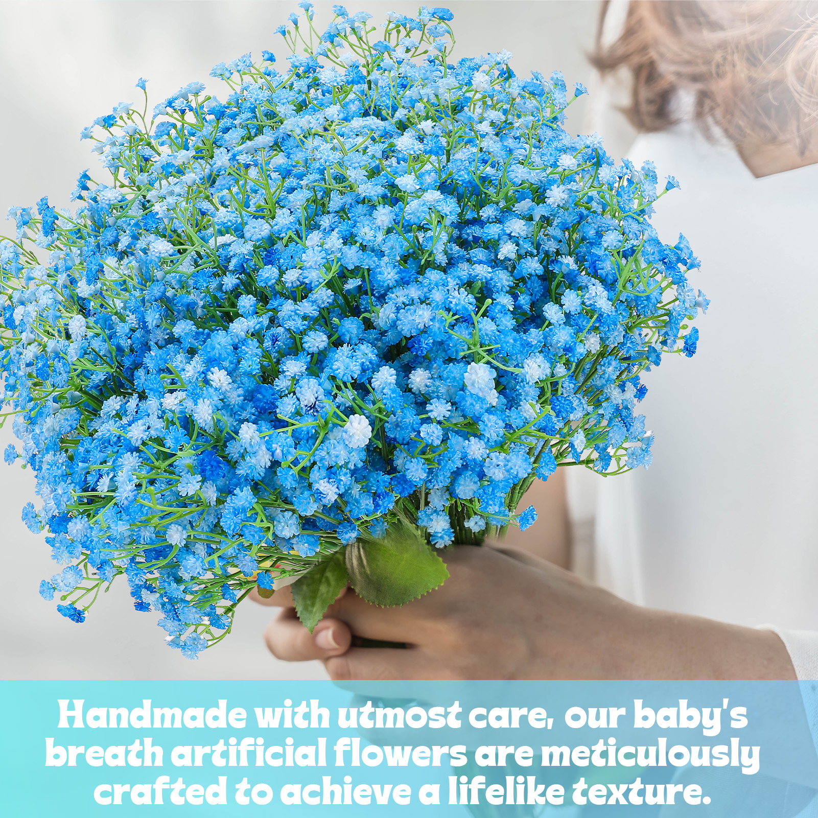 Armscye 24 Pack Artificial Baby's Breath Flowers, Realistic Fake Gypsophila with Bendable Stems for Wedding Decor, Home Arrangements, Blue-White Real Touch PU Flowers, 20.5inch