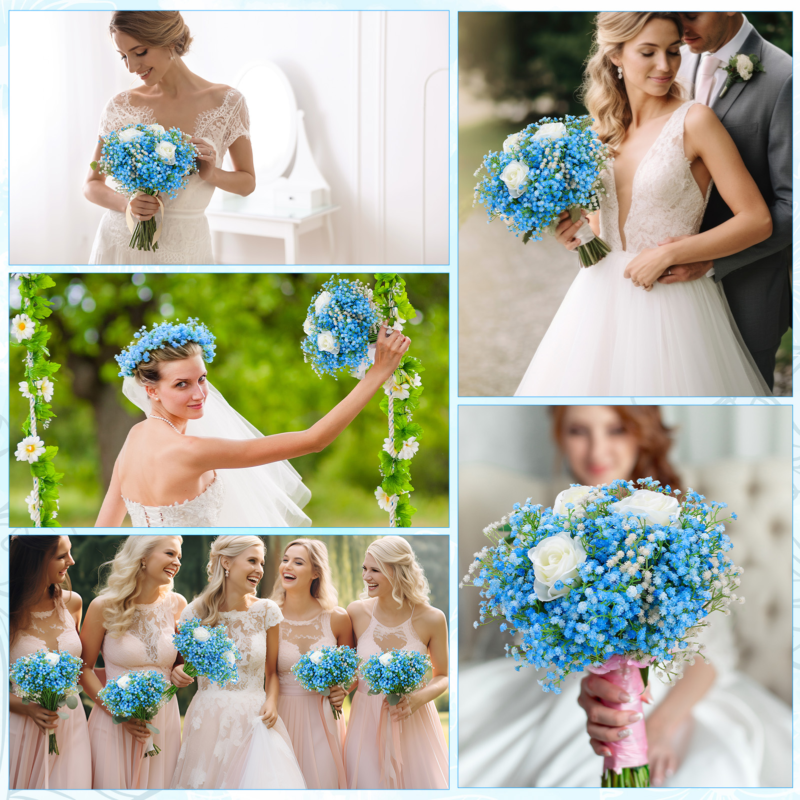 Armscye 24 Pack Artificial Baby's Breath Flowers, Realistic Fake Gypsophila with Bendable Stems for Wedding Decor, Home Arrangements, Blue-White Real Touch PU Flowers, 20.5inch