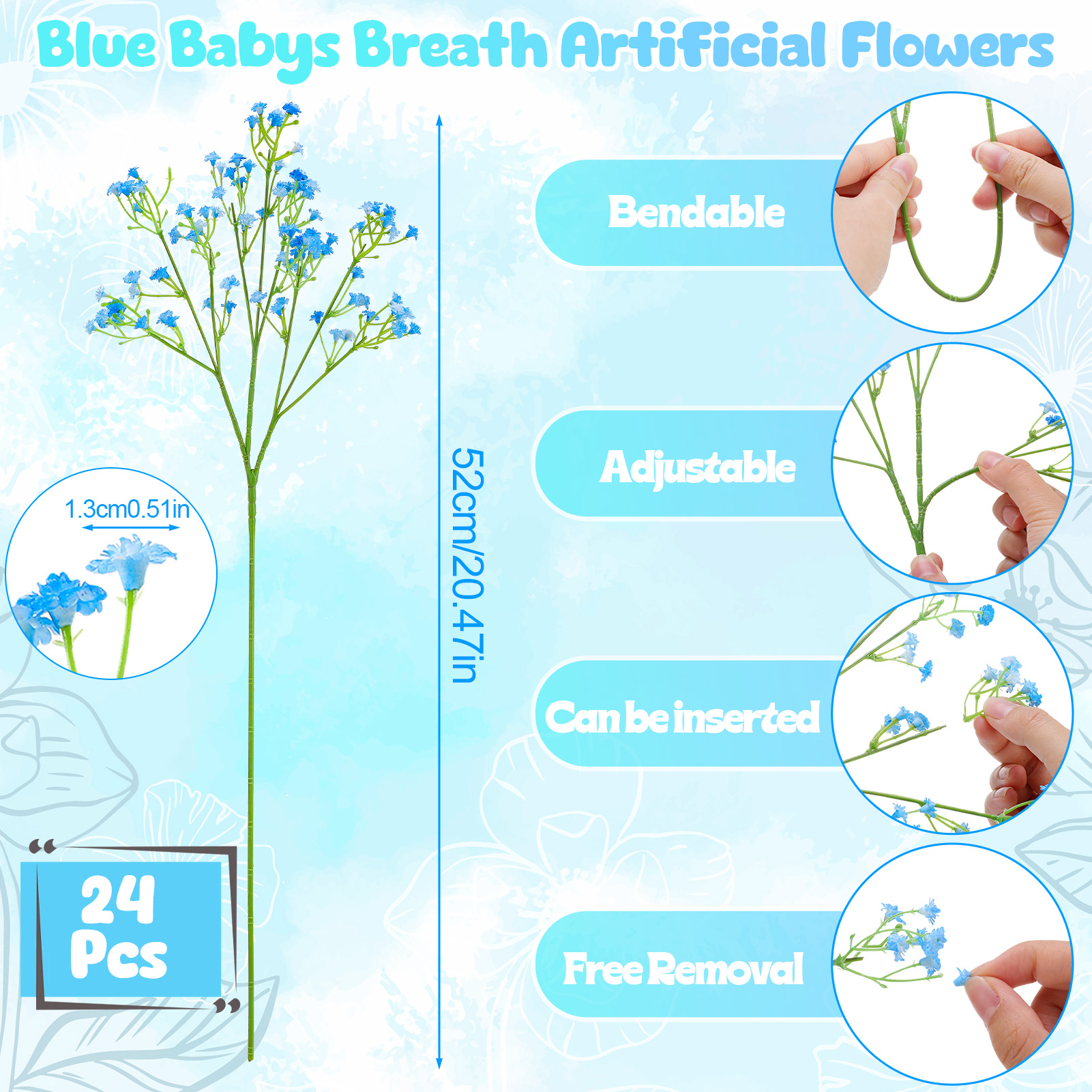 Armscye 24 Pack Artificial Baby's Breath Flowers, Realistic Fake Gypsophila with Bendable Stems for Wedding Decor, Home Arrangements, Blue-White Real Touch PU Flowers, 20.5inch