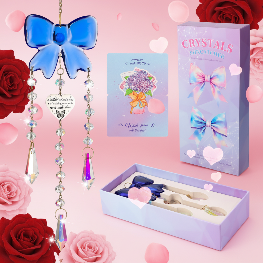 Armscye Blue Bow Crystal Suncatcher, Sister Gift with 4 Chains, Engraved Tag and Gift Box, Delicate Rainbows Maker, Best Garden Decor Gift for Sister, Outdoor Hanging Ornament for Birthday