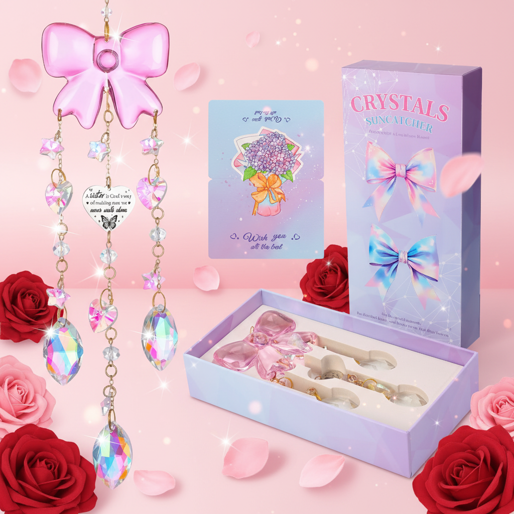 Armscye Pink Bow Crystal Suncatcher, Sister Gift with 4 Chains, Engraved Tag and Gift Box, Delicate Rainbow Maker, Best Garden Decor Gift for Sister, Outdoor Hanging Ornament for Birthday Christmas