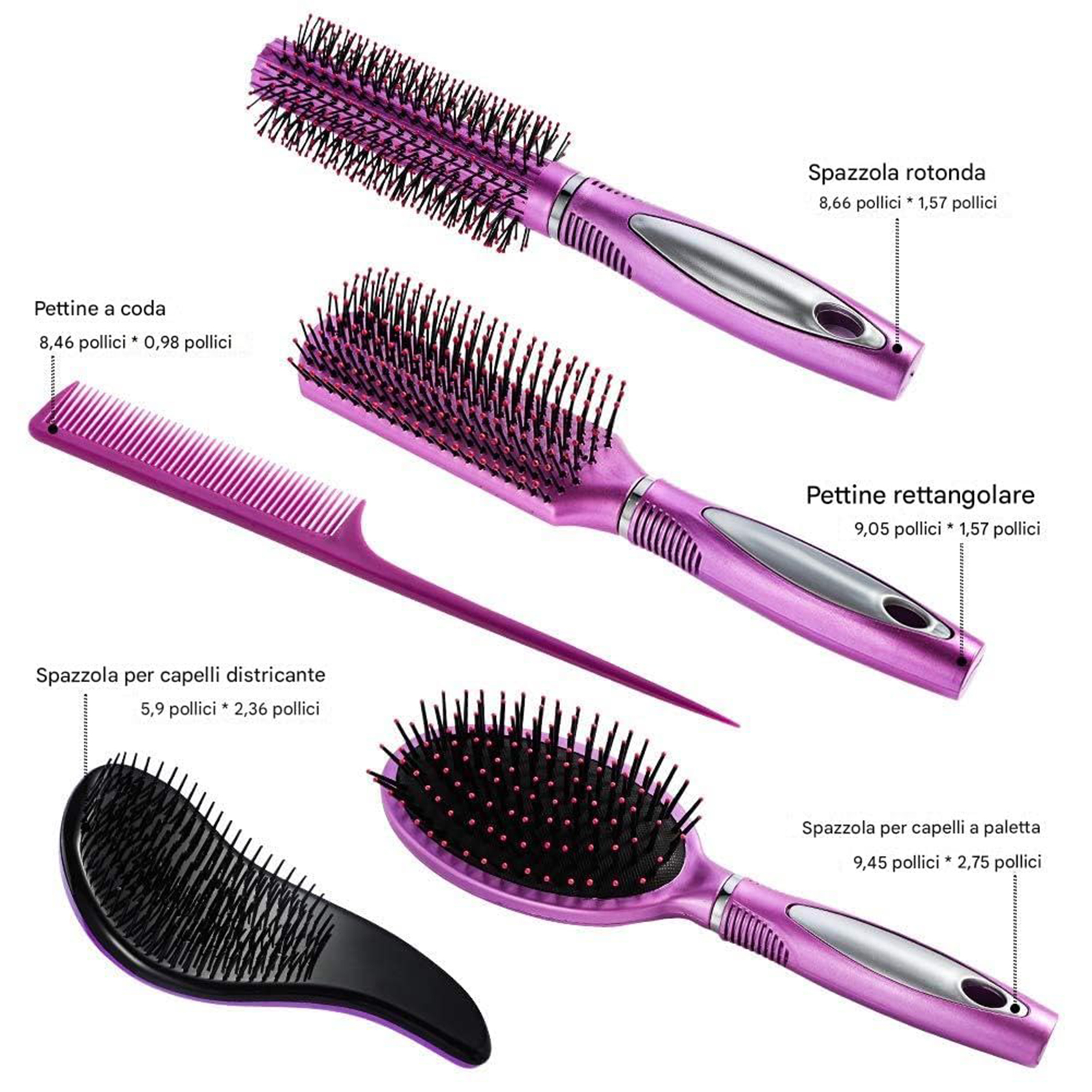 Abaima 5 Pieces Hair Brush Comb Set Detangling Paddle Brush Round Hair Tail Comb Wet Dry Brush for Women Men Hair Styling(Purple)