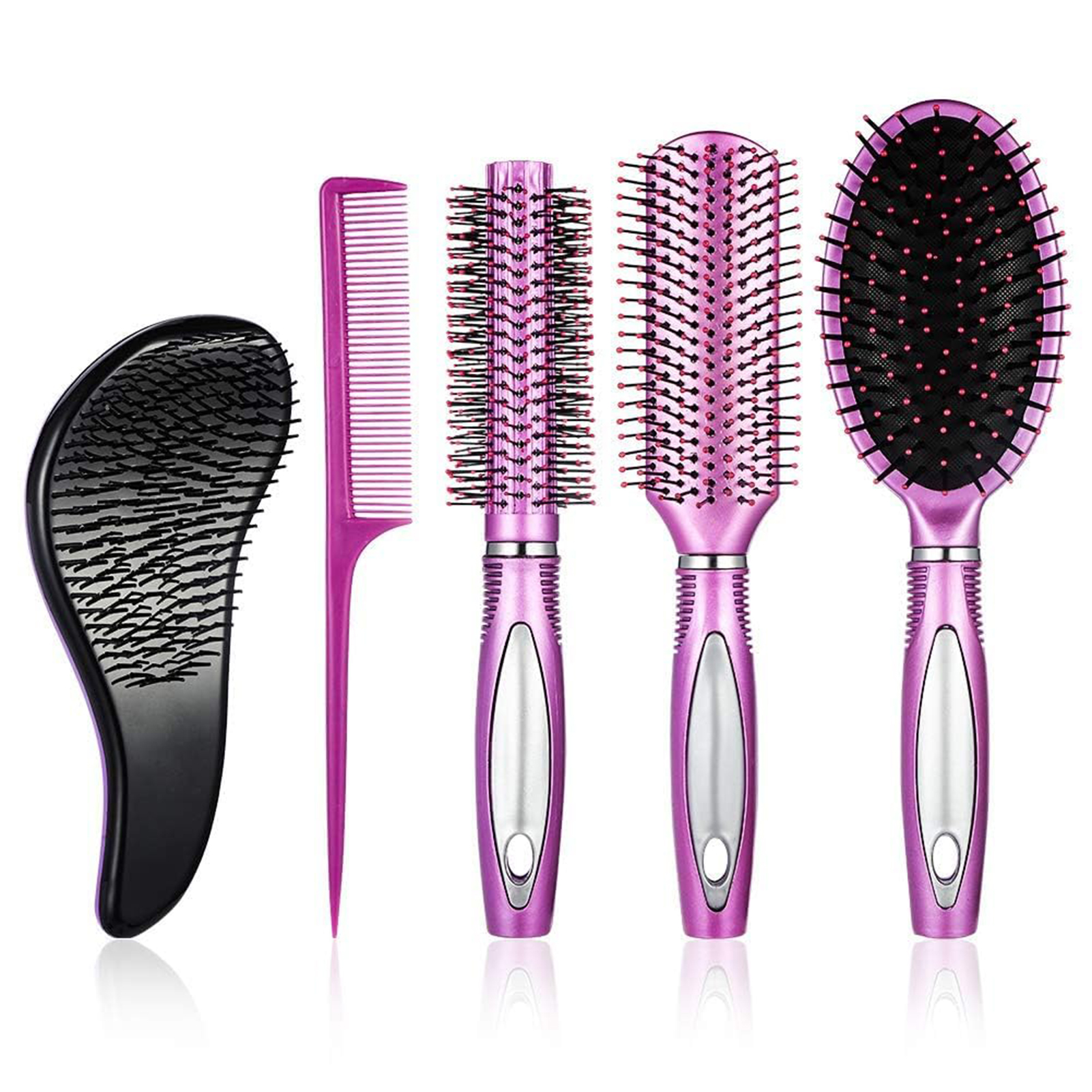 Abaima 5 Pieces Hair Brush Comb Set Detangling Paddle Brush Round Hair Tail Comb Wet Dry Brush for Women Men Hair Styling(Purple)