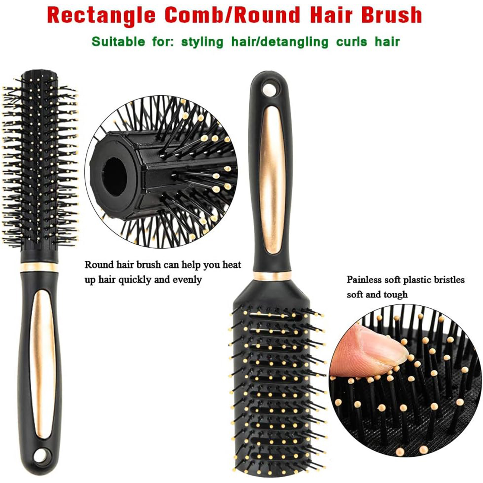 Abaima 5 Pieces Hair Brush Comb Set Detangling Paddle Brush Round Hair Tail Comb Wet Dry Brush for Women Men Hair Styling(Black)