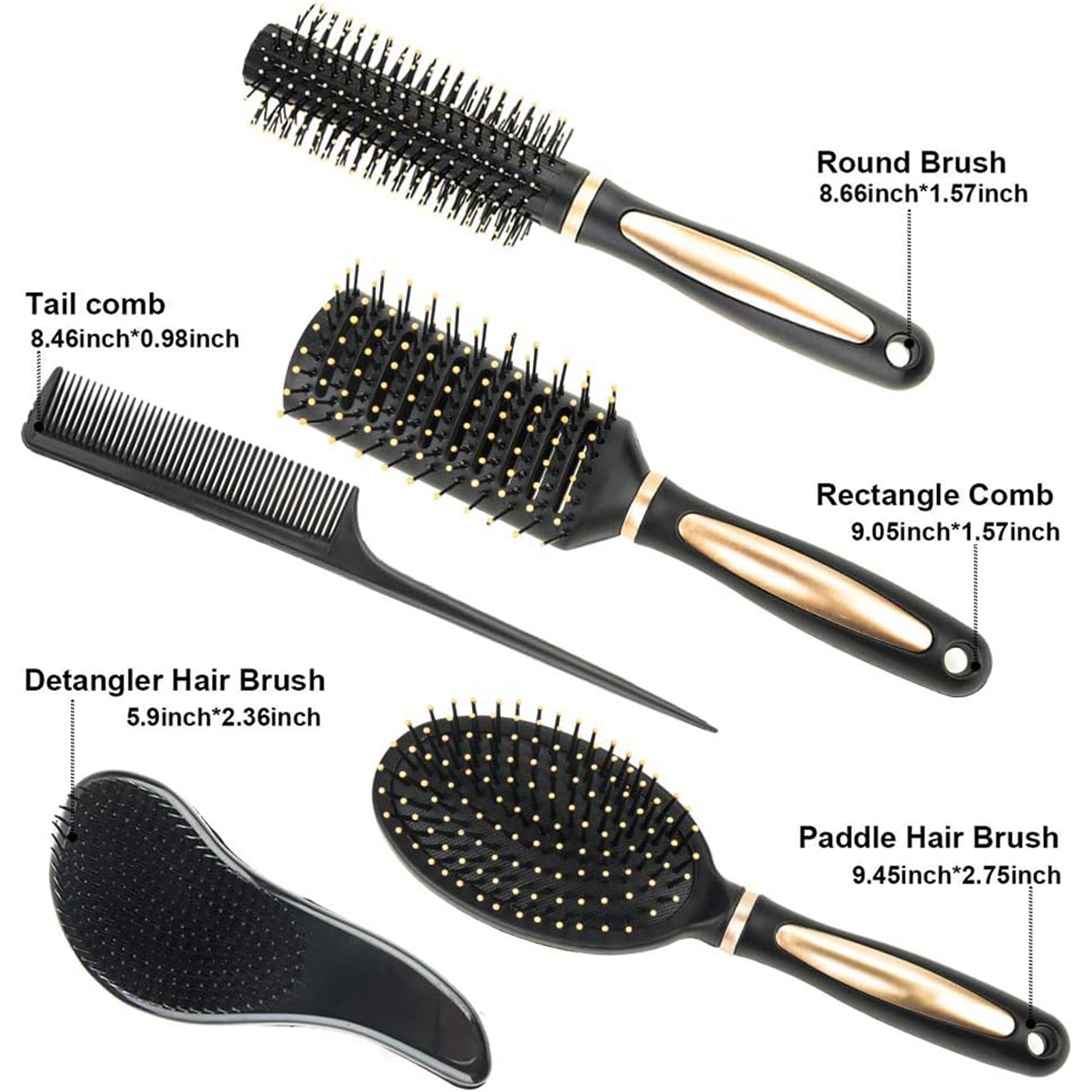 Abaima 5 Pieces Hair Brush Comb Set Detangling Paddle Brush Round Hair Tail Comb Wet Dry Brush for Women Men Hair Styling(Black)