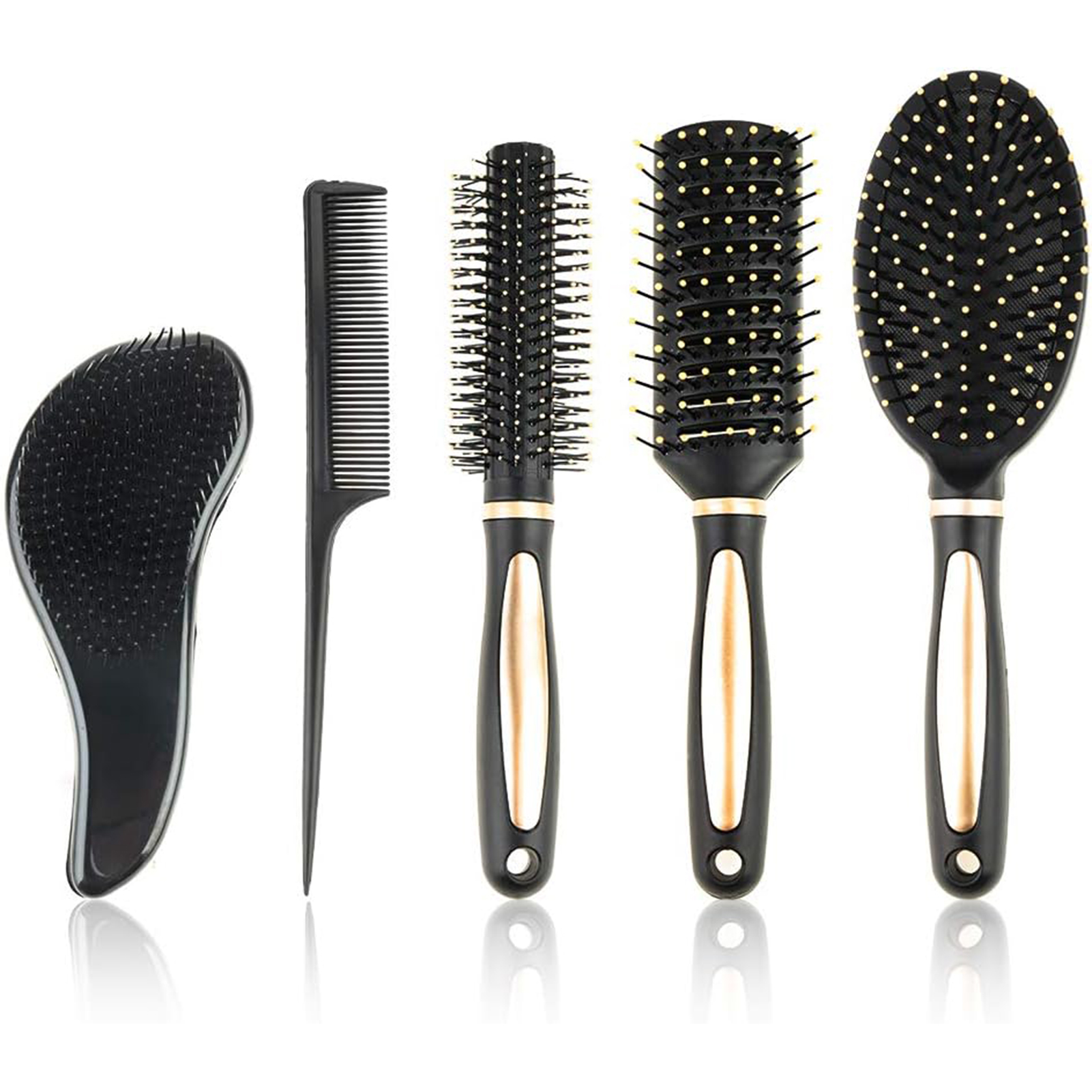 Abaima 5 Pieces Hair Brush Comb Set Detangling Paddle Brush Round Hair Tail Comb Wet Dry Brush for Women Men Hair Styling(Black)
