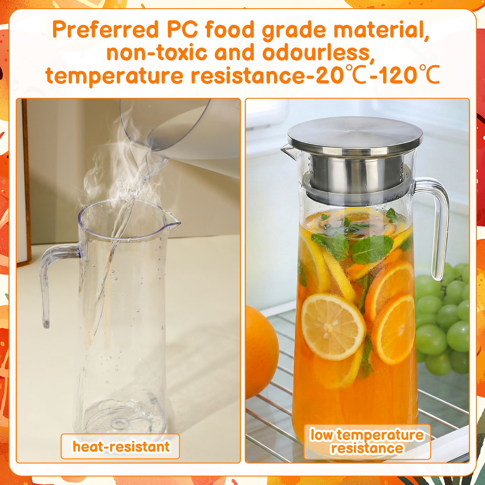 Topekada 2 Pack Plastic Pitcher with Metal Lid and Handle, 1000ml/34oz Clear Water Jug, Heat Resistant, Dishwasher-Safe, Tea Pitchers for Juice, Lemonade, Milk, Coffee, Cold or Hot Beverages
