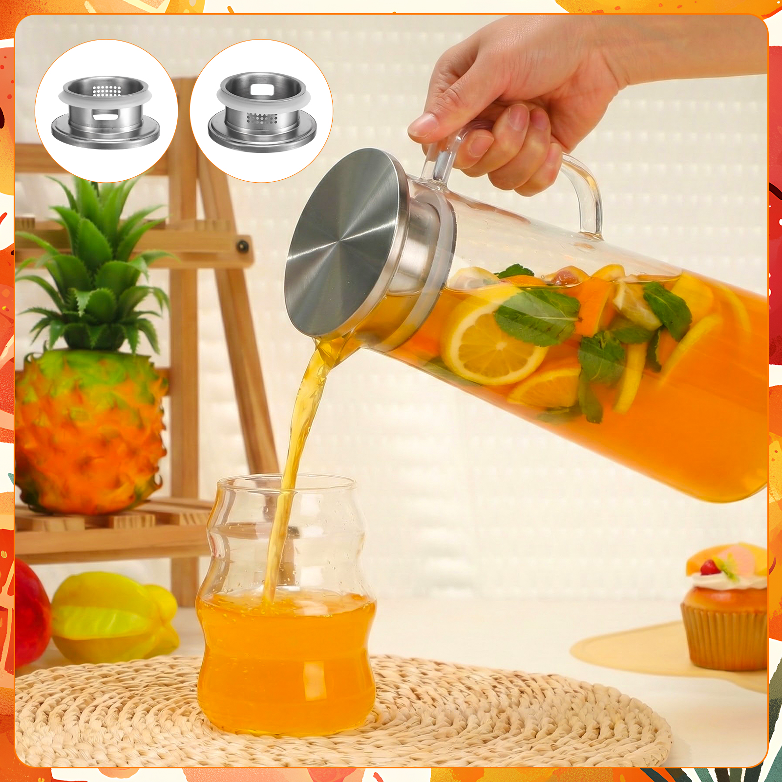 Topekada 2 Pack Plastic Pitcher with Metal Lid and Handle, 1000ml/34oz Clear Water Jug, Heat Resistant, Dishwasher-Safe, Tea Pitchers for Juice, Lemonade, Milk, Coffee, Cold or Hot Beverages