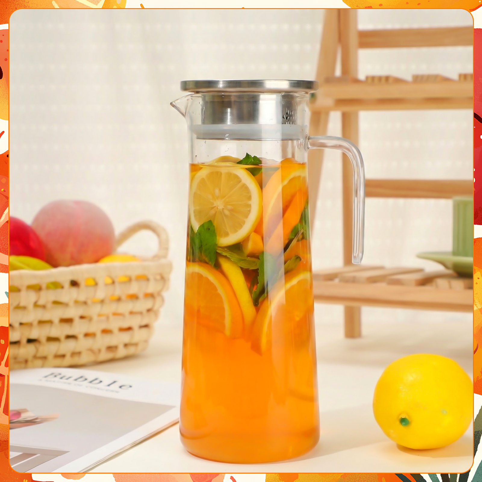 Topekada 2 Pack Plastic Pitcher with Metal Lid and Handle, 1000ml/34oz Clear Water Jug, Heat Resistant, Dishwasher-Safe, Tea Pitchers for Juice, Lemonade, Milk, Coffee, Cold or Hot Beverages