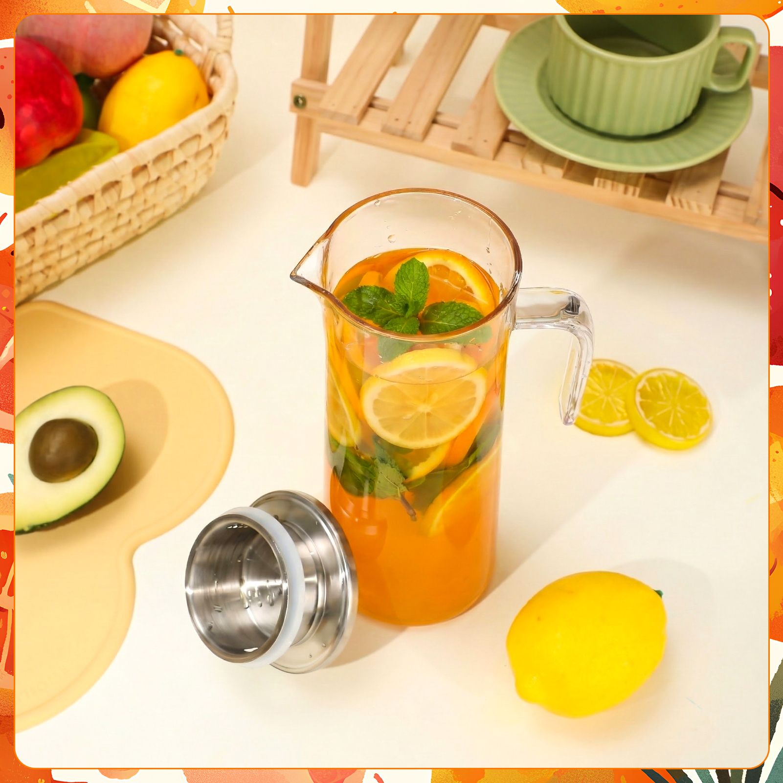 Topekada 2 Pack Plastic Pitcher with Metal Lid and Handle, 1000ml/34oz Clear Water Jug, Heat Resistant, Dishwasher-Safe, Tea Pitchers for Juice, Lemonade, Milk, Coffee, Cold or Hot Beverages