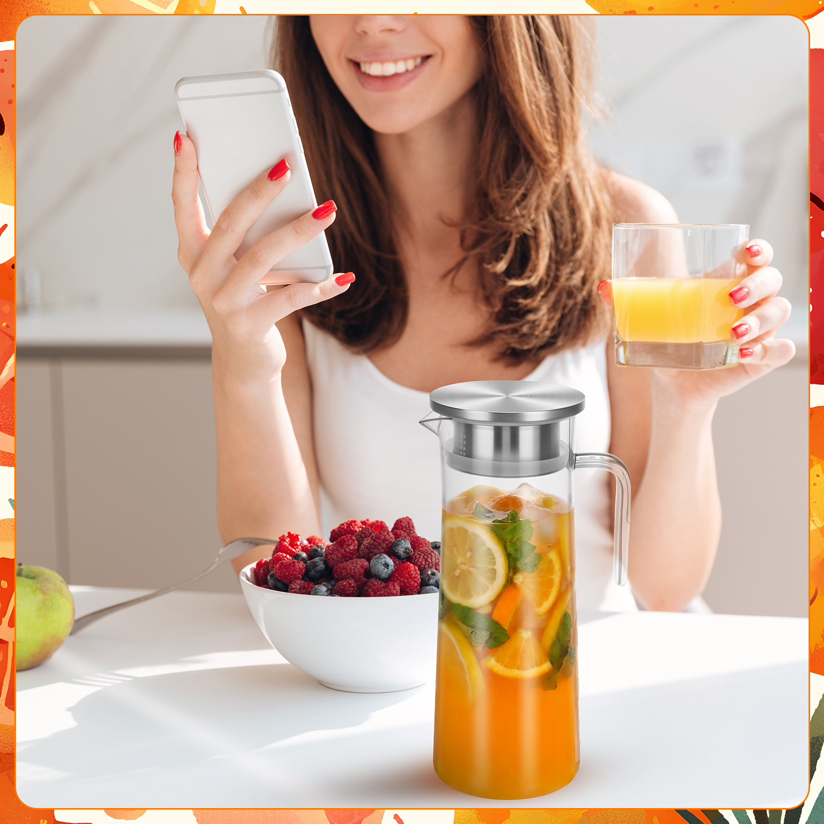 Topekada 2 Pack Plastic Pitcher with Metal Lid and Handle, 1000ml/34oz Clear Water Jug, Heat Resistant, Dishwasher-Safe, Tea Pitchers for Juice, Lemonade, Milk, Coffee, Cold or Hot Beverages