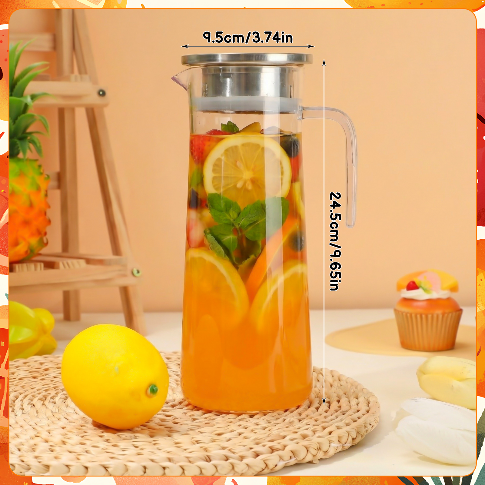 Topekada 2 Pack Plastic Pitcher with Metal Lid and Handle, 1000ml/34oz Clear Water Jug, Heat Resistant, Dishwasher-Safe, Tea Pitchers for Juice, Lemonade, Milk, Coffee, Cold or Hot Beverages