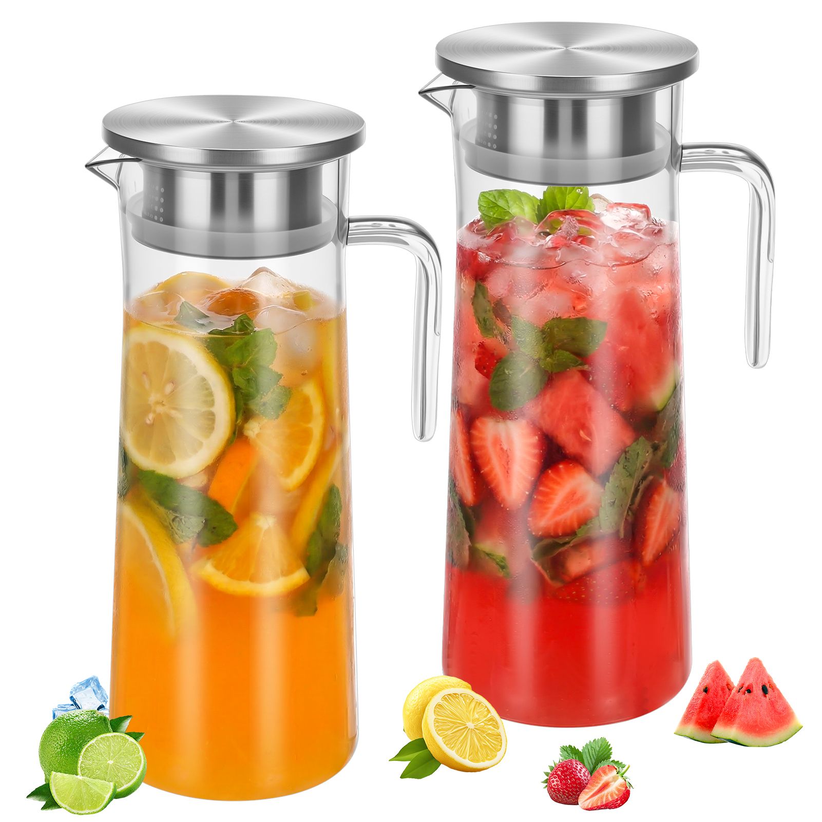 Topekada 2 Pack Plastic Pitcher with Metal Lid and Handle, 1000ml/34oz Clear Water Jug, Heat Resistant, Dishwasher-Safe, Tea Pitchers for Juice, Lemonade, Milk, Coffee, Cold or Hot Beverages