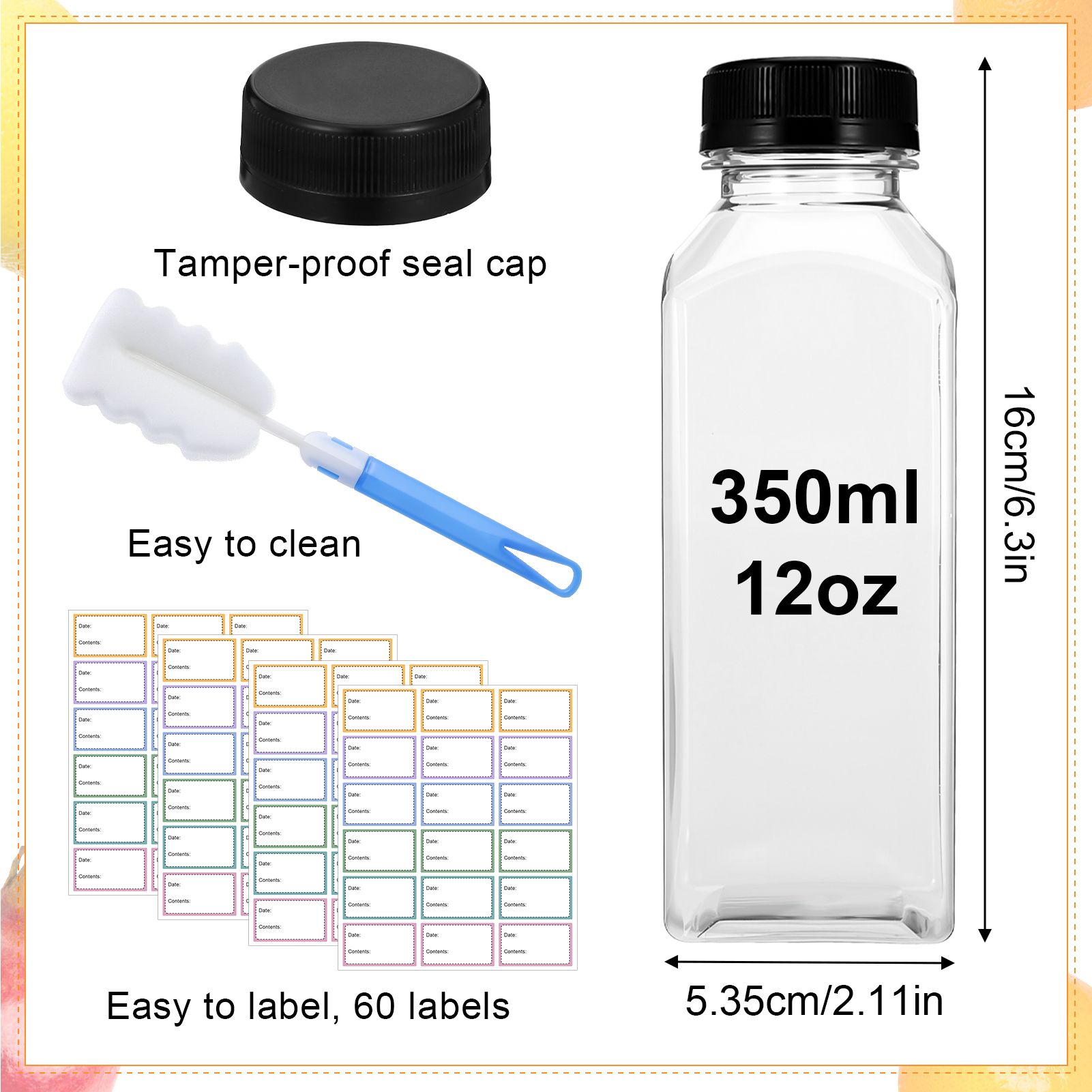 Topekada 36 Pcs 12 oz Empty Plastic Juice Bottles with Lids, Reusable Drink Containers with Brush and Labels, Clear Bulk Juice Containers with Caps for Juicing, Smoothie and Other Beverages