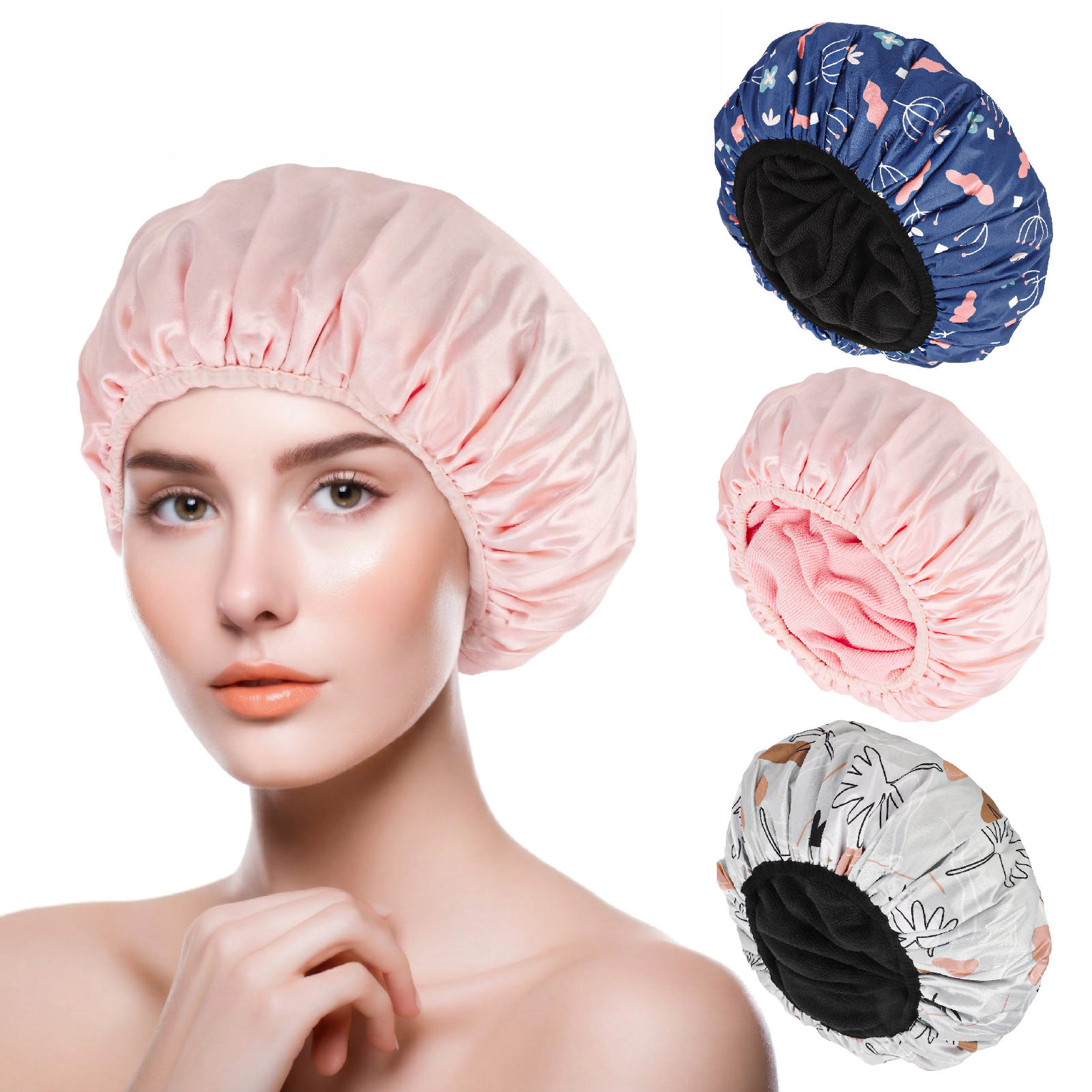 Bocaoying 3 Pcs 3 Layer Shower Caps for Women, Reusable Waterproof Spa Bonnets for Long/Curly Hair, Triple Layer Bath Caps, Blue/Pink/Grey, Large Dry Silk Satin Bonnets for Hair Treatment, Sleeping