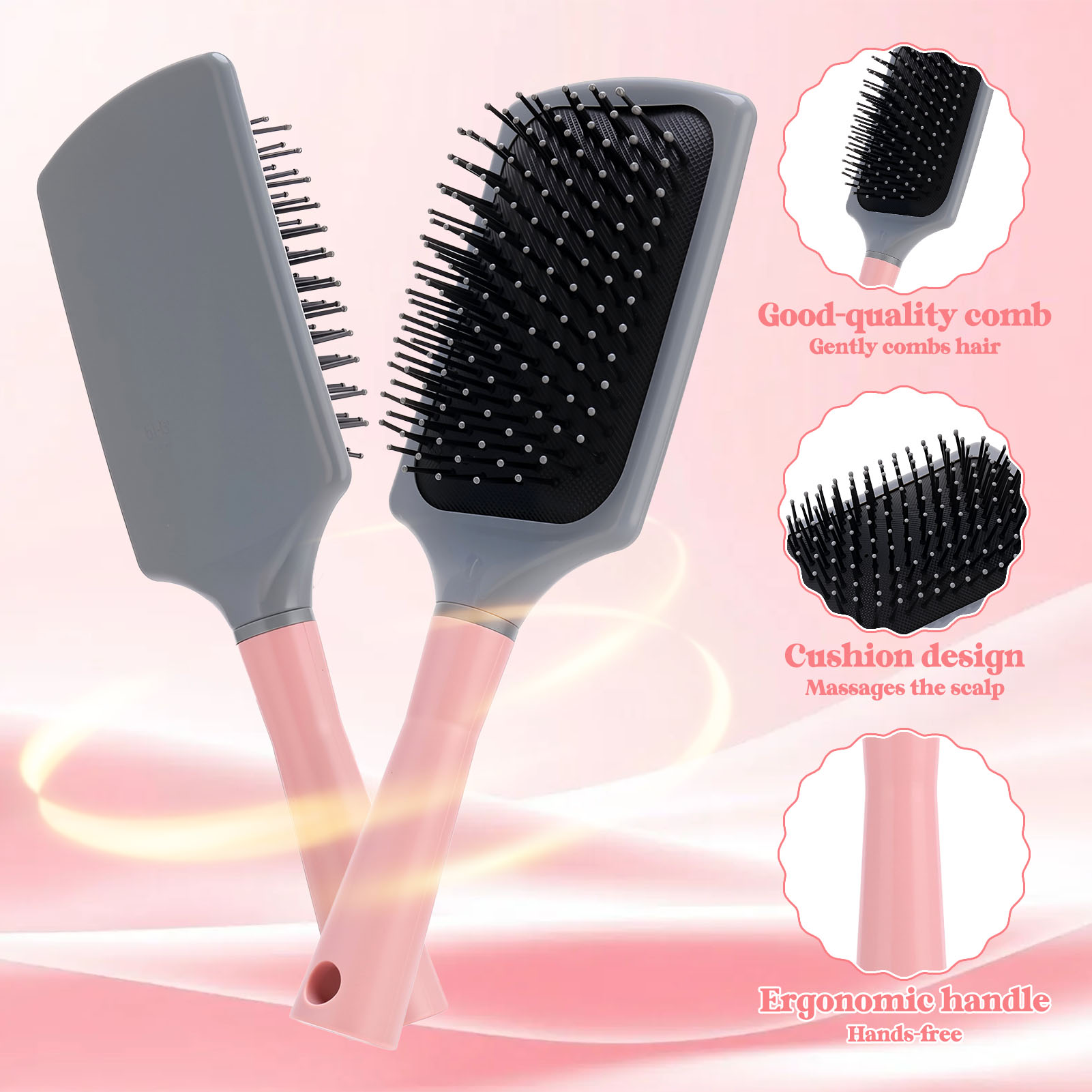 Abaima Paddle Cushion Hair Brush Set with 10 Shaping clips, Hair Brush with Cushion Base for Men and Women, Large Detangling Comb Curly or Straight Styles, Make Hair Health and Massage Scalp