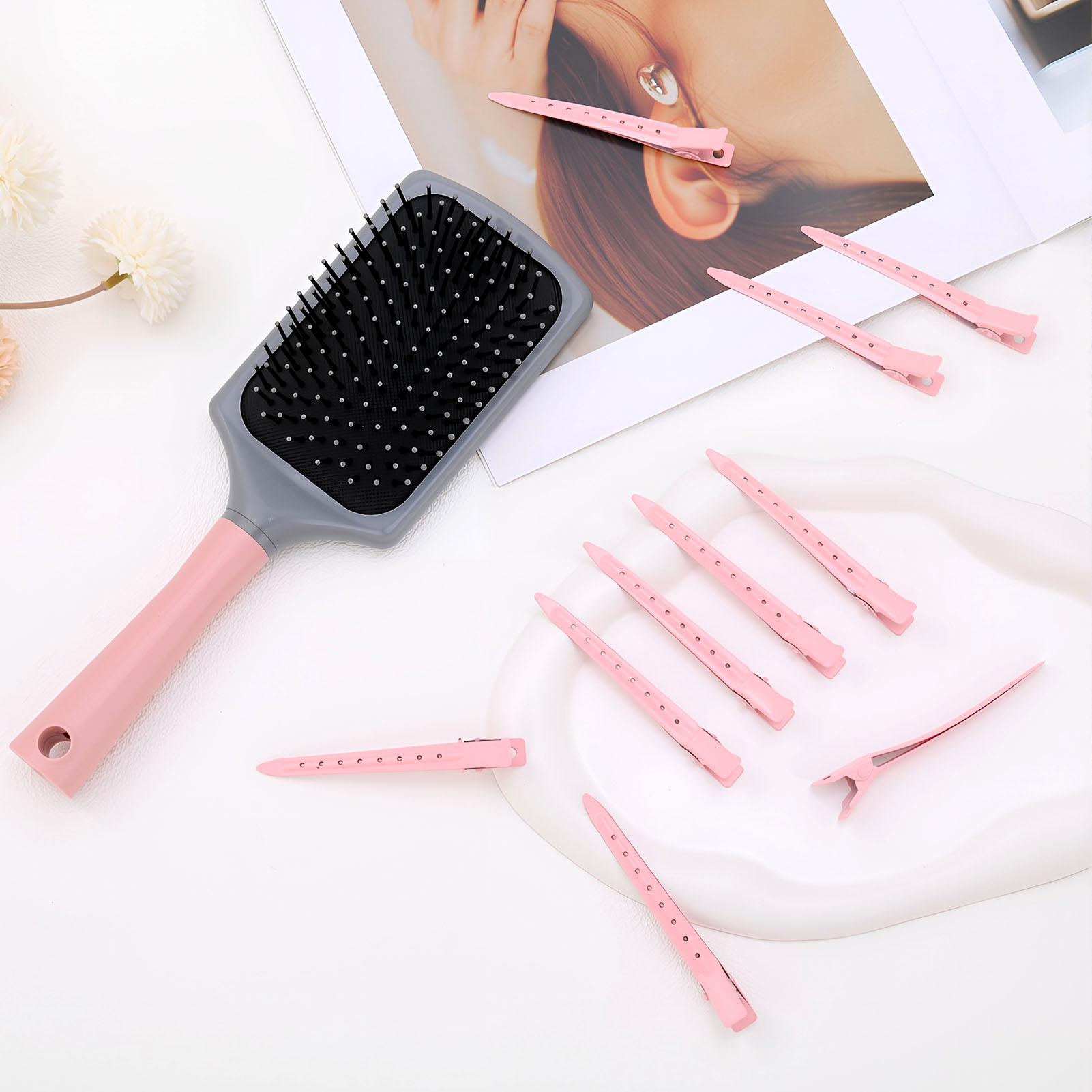 Abaima Paddle Cushion Hair Brush Set with 10 Shaping clips, Hair Brush with Cushion Base for Men and Women, Large Detangling Comb Curly or Straight Styles, Make Hair Health and Massage Scalp