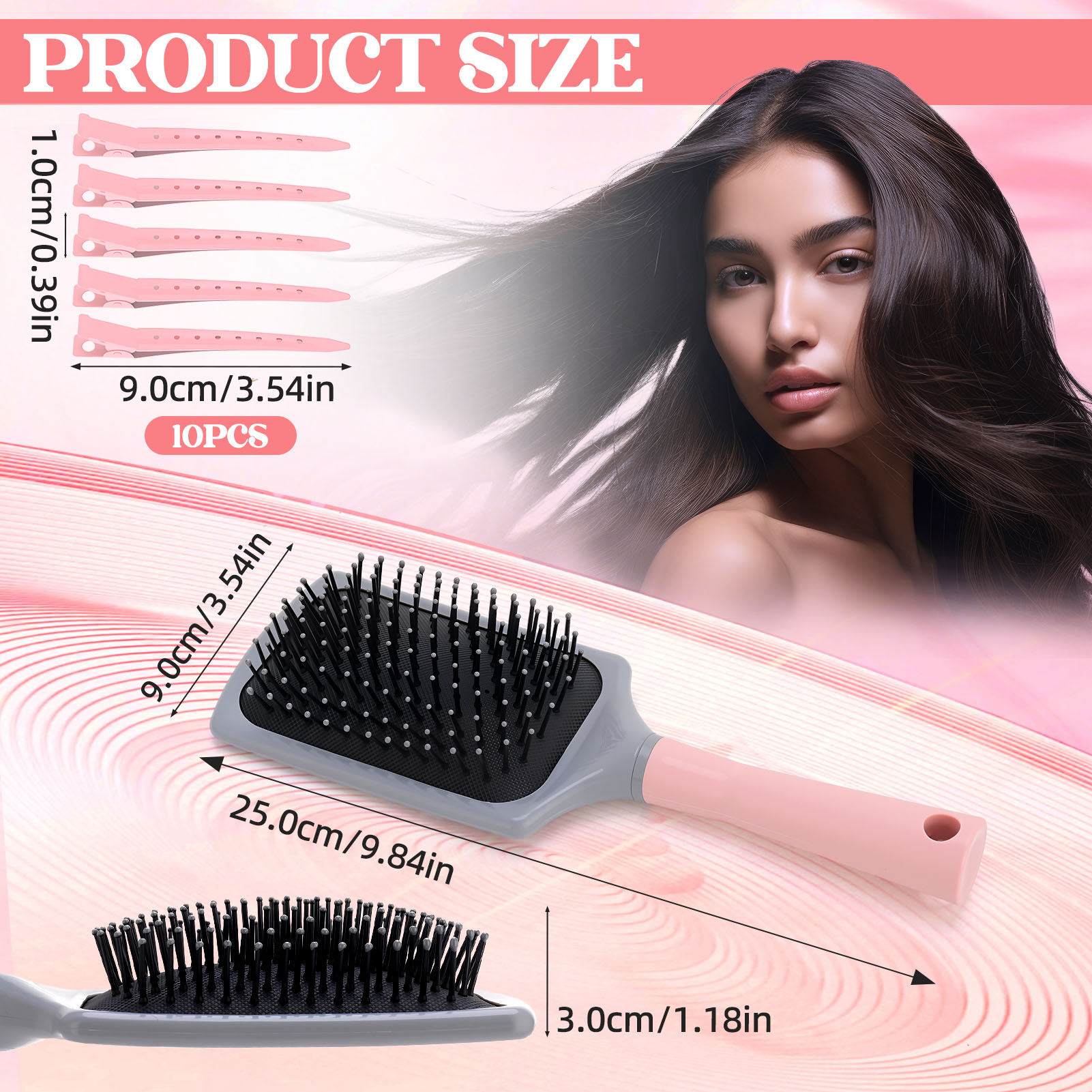 Abaima Paddle Cushion Hair Brush Set with 10 Shaping clips, Hair Brush with Cushion Base for Men and Women, Large Detangling Comb Curly or Straight Styles, Make Hair Health and Massage Scalp