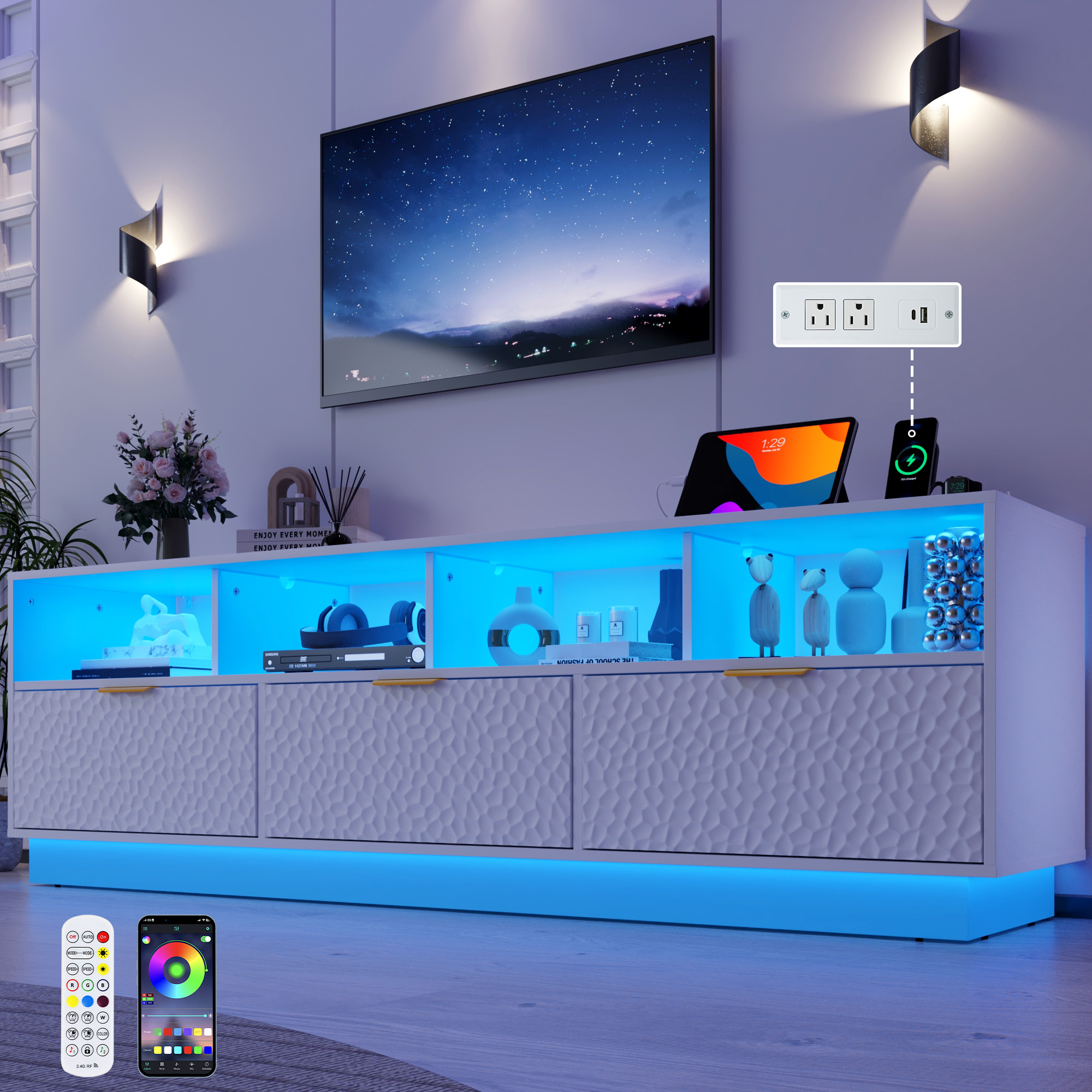 Blotout LED TV Stand for up to 85'' TVs with Power Outlet, 70'' Large Entertainment Center Console Table with 3 Storage Cabinet & Gaming Soundbar Shelf for Living Room, Bedroom