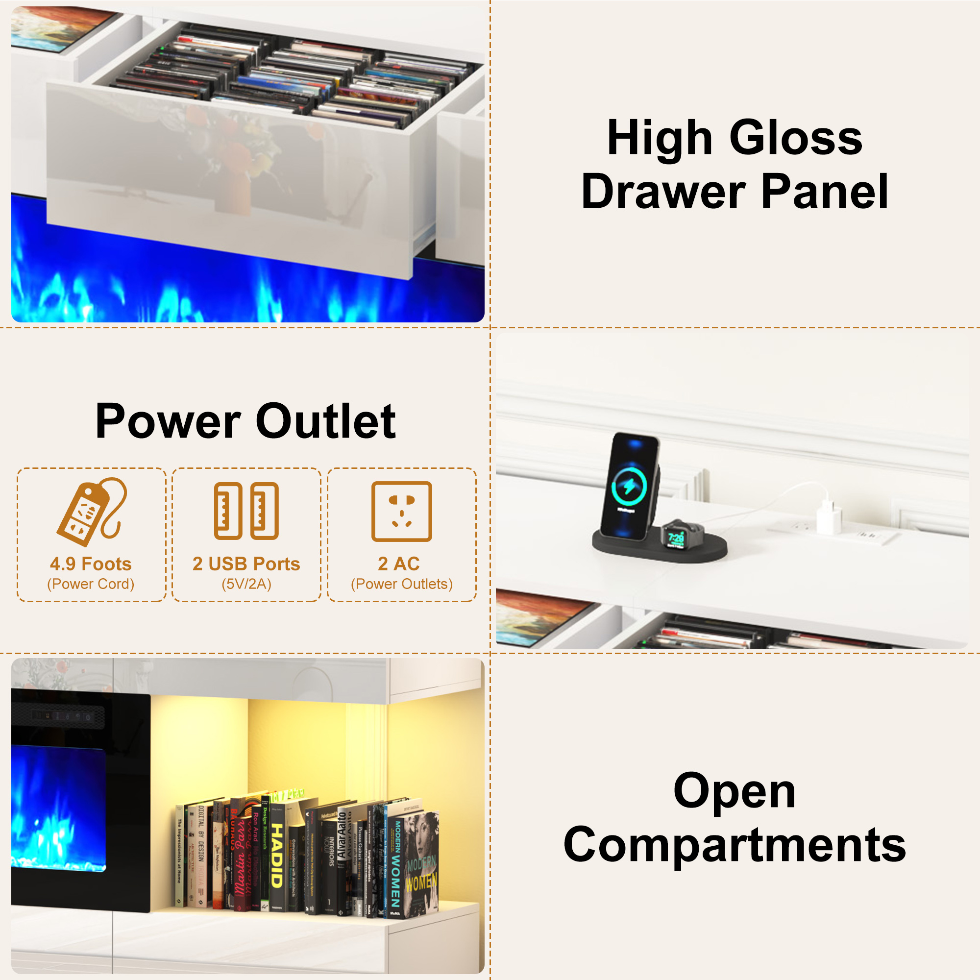 Blotout 82'' Fireplace TV Stand for 85/90''TV with 50'' Fireplace, LED Modern High Gloss Entertainment Center with Power Outlet, TV Console Table with 8 Handleless Storage Drawers, White