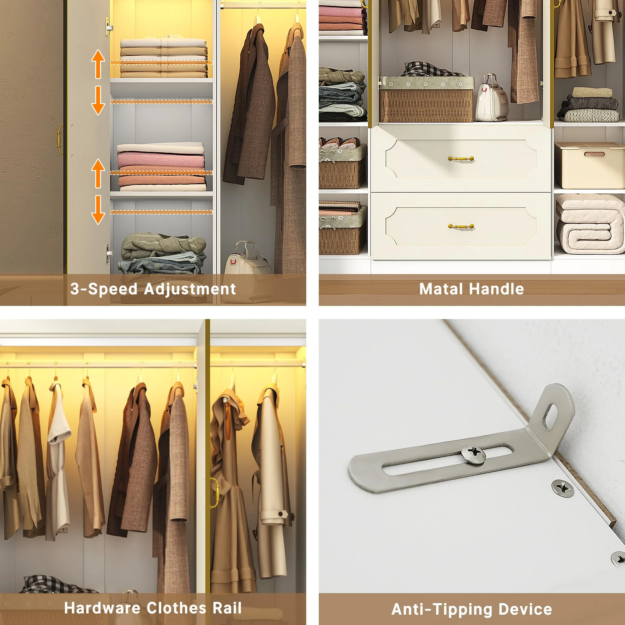 75"H 3 Doors Armoire Wardrobe Closet with Mirror and LED Lights, LED Clothing Storage Cabinet with Hanging Rod and Drawers, Modern Wooden Wardrobe Cabinet for Bedroom