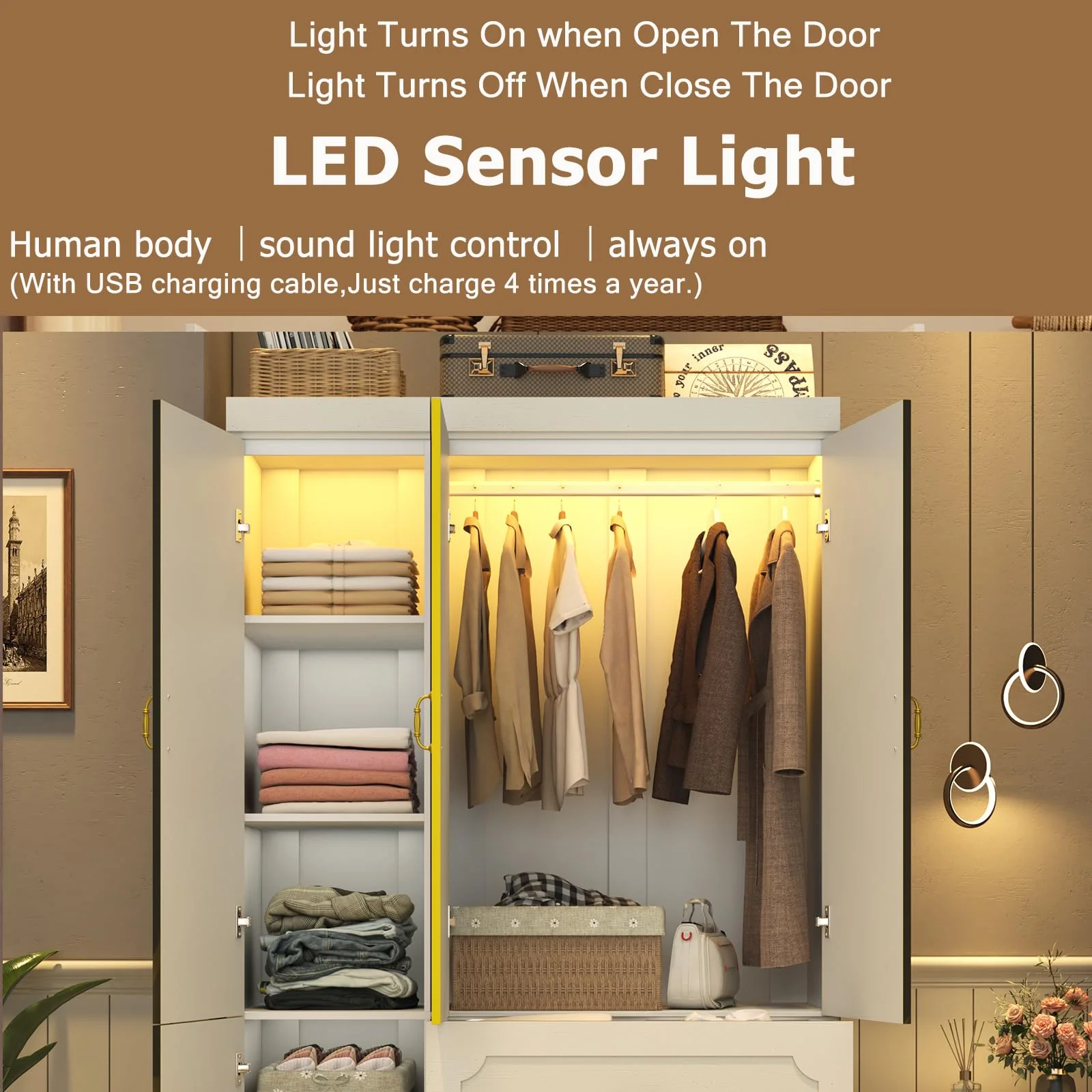 75"H 3 Doors Armoire Wardrobe Closet with Mirror and LED Lights, LED Clothing Storage Cabinet with Hanging Rod and Drawers, Modern Wooden Wardrobe Cabinet for Bedroom