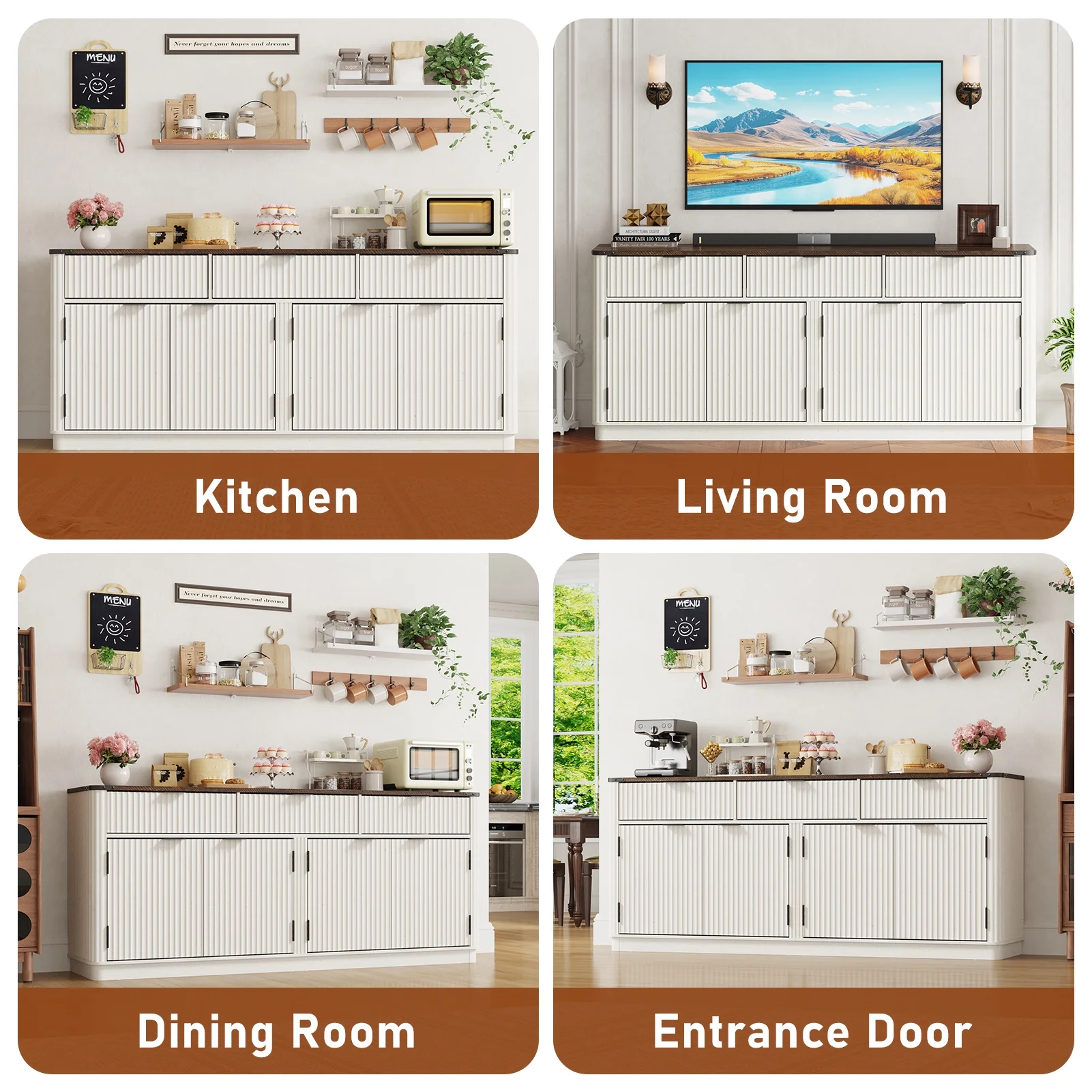 Blotout 70" Fluted Buffet Cabinet Sideboard with Storage, Large Credenza with 3 Drawers, 4 Doors and Shelves, Wood Modern Farmhouse Sideboard for Kitchen and Living Room