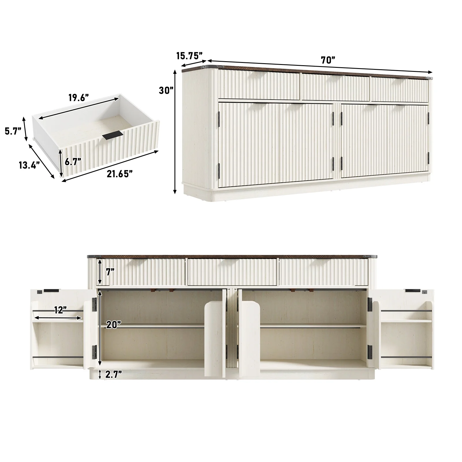 Blotout 70" Fluted Buffet Cabinet Sideboard with Storage, Large Credenza with 3 Drawers, 4 Doors and Shelves, Wood Modern Farmhouse Sideboard for Kitchen and Living Room