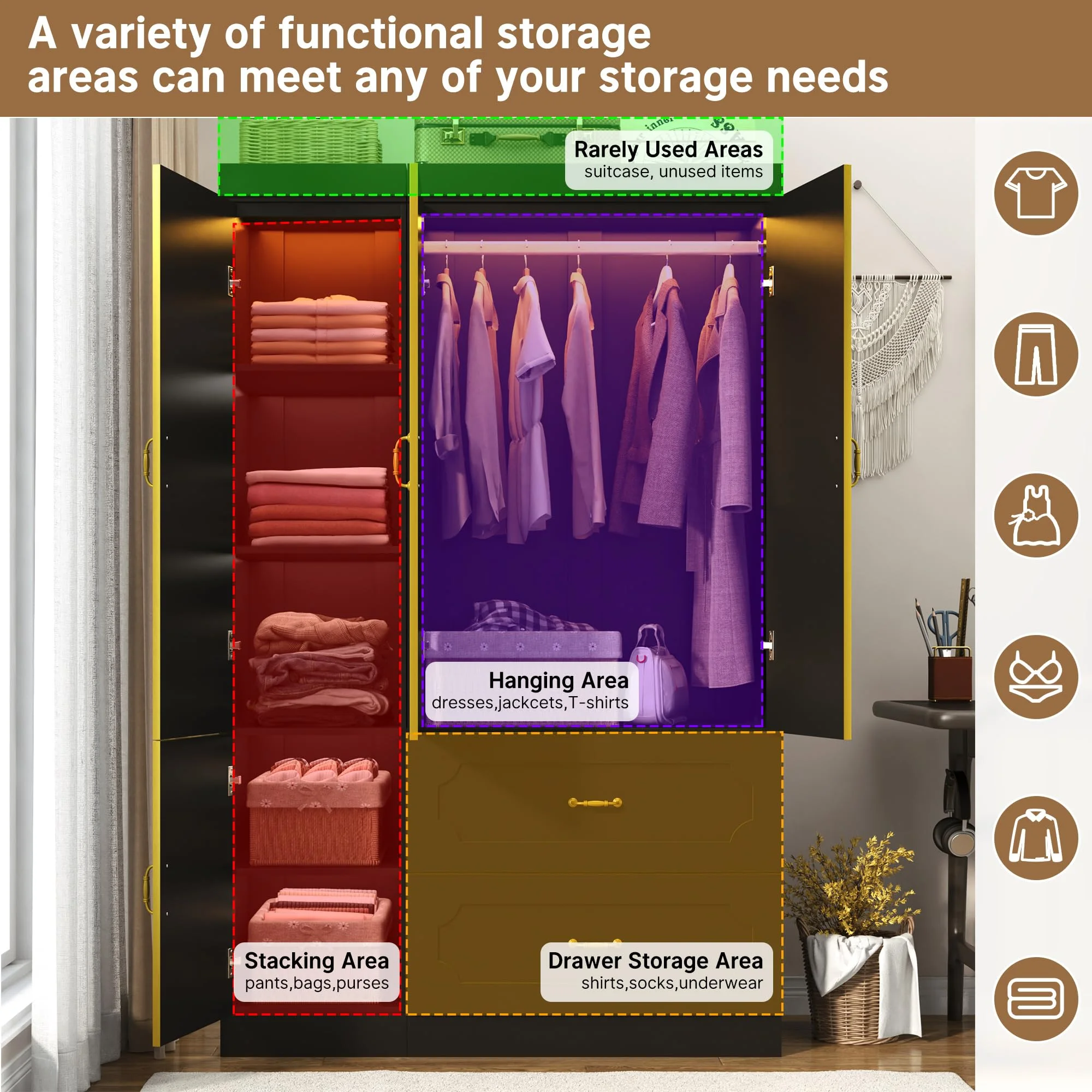 75"H 3 Doors Armoire Wardrobe Closet with Mirror and LED Lights, LED Clothing Storage Cabinet with Hanging Rod and Drawers, Modern Wooden Wardrobe Cabinet for Bedroom