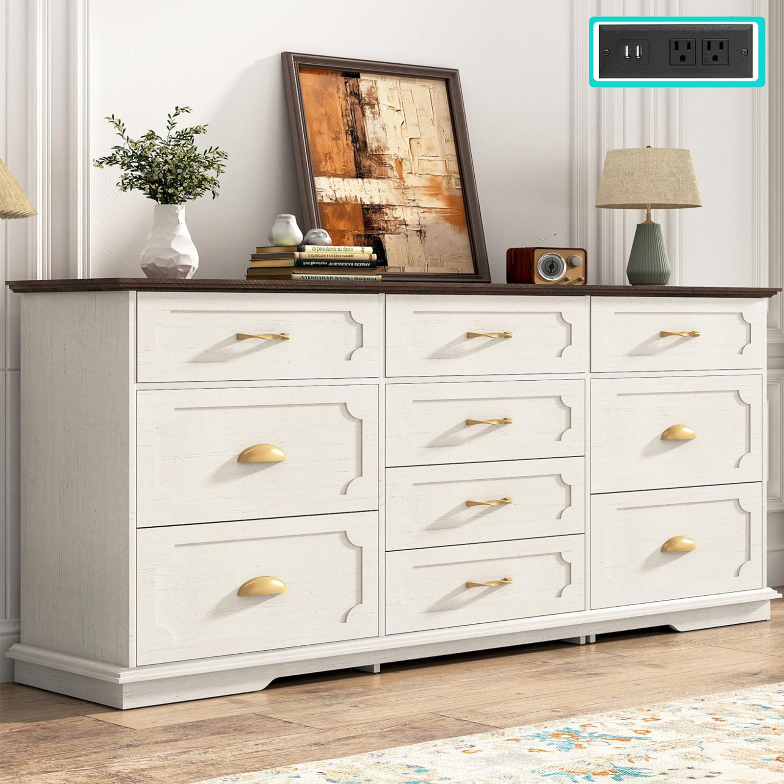 Blotout Luxury 10 Drawer Dresser, White Dresser for Bedroom, 70" Wood Dressers TV Stand with Charging Station & Gold Handle, Modern Wood Dressers & Chests of Drawers