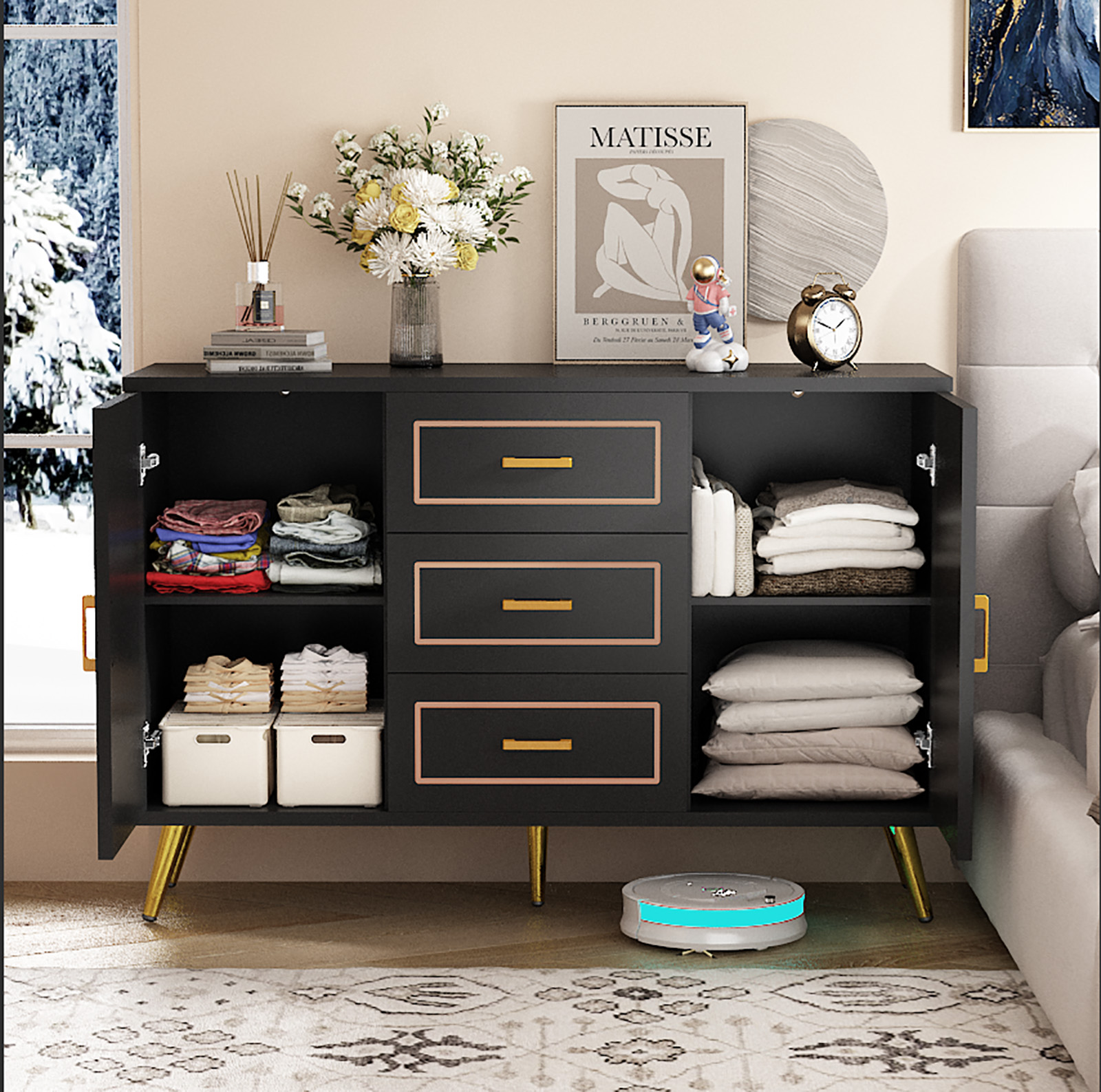 Mid-Century Modern Dresser for Bedroom with 3 Drawers and 2-Door Cabinets