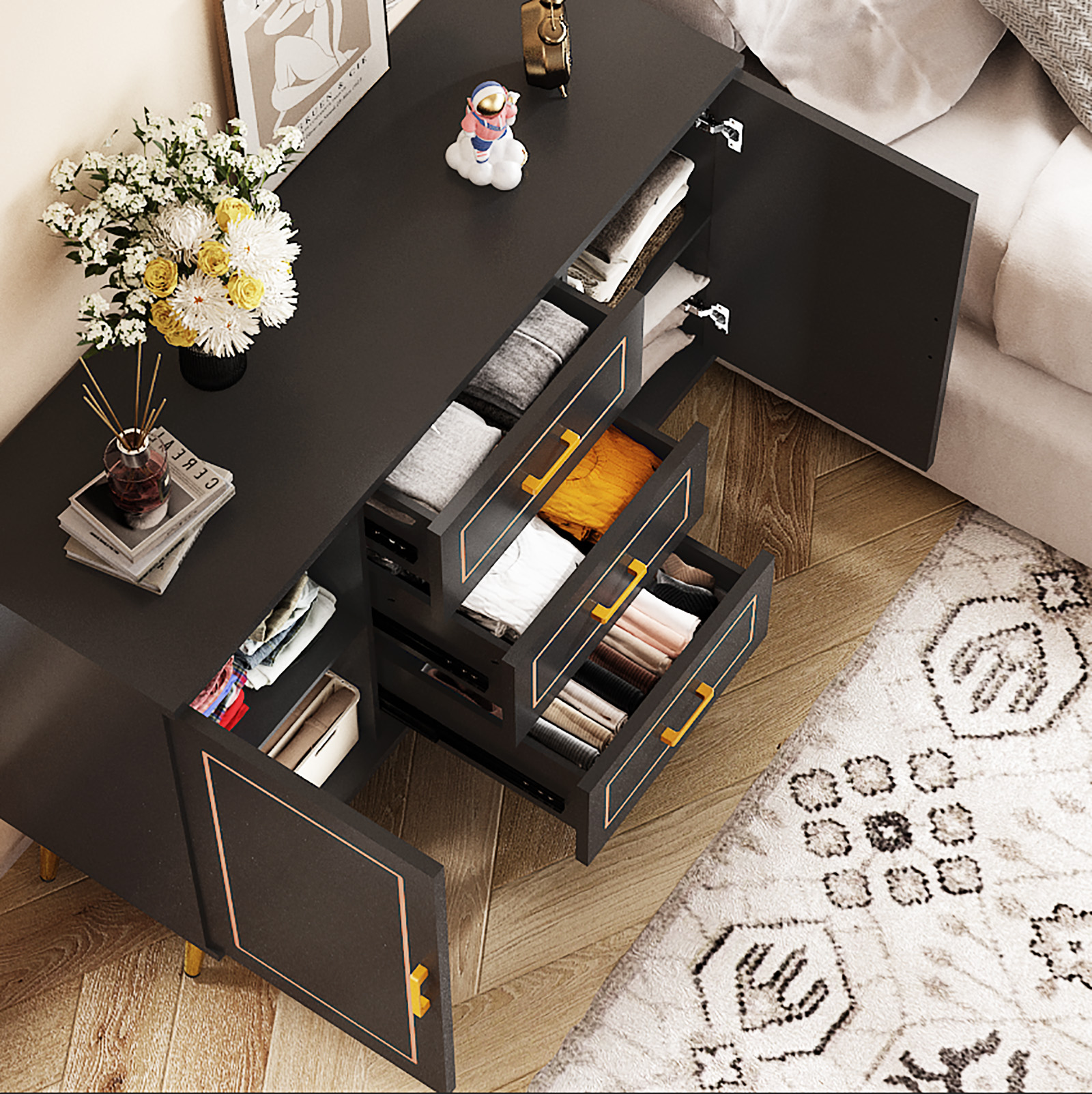 Mid-Century Modern Dresser for Bedroom with 3 Drawers and 2-Door Cabinets