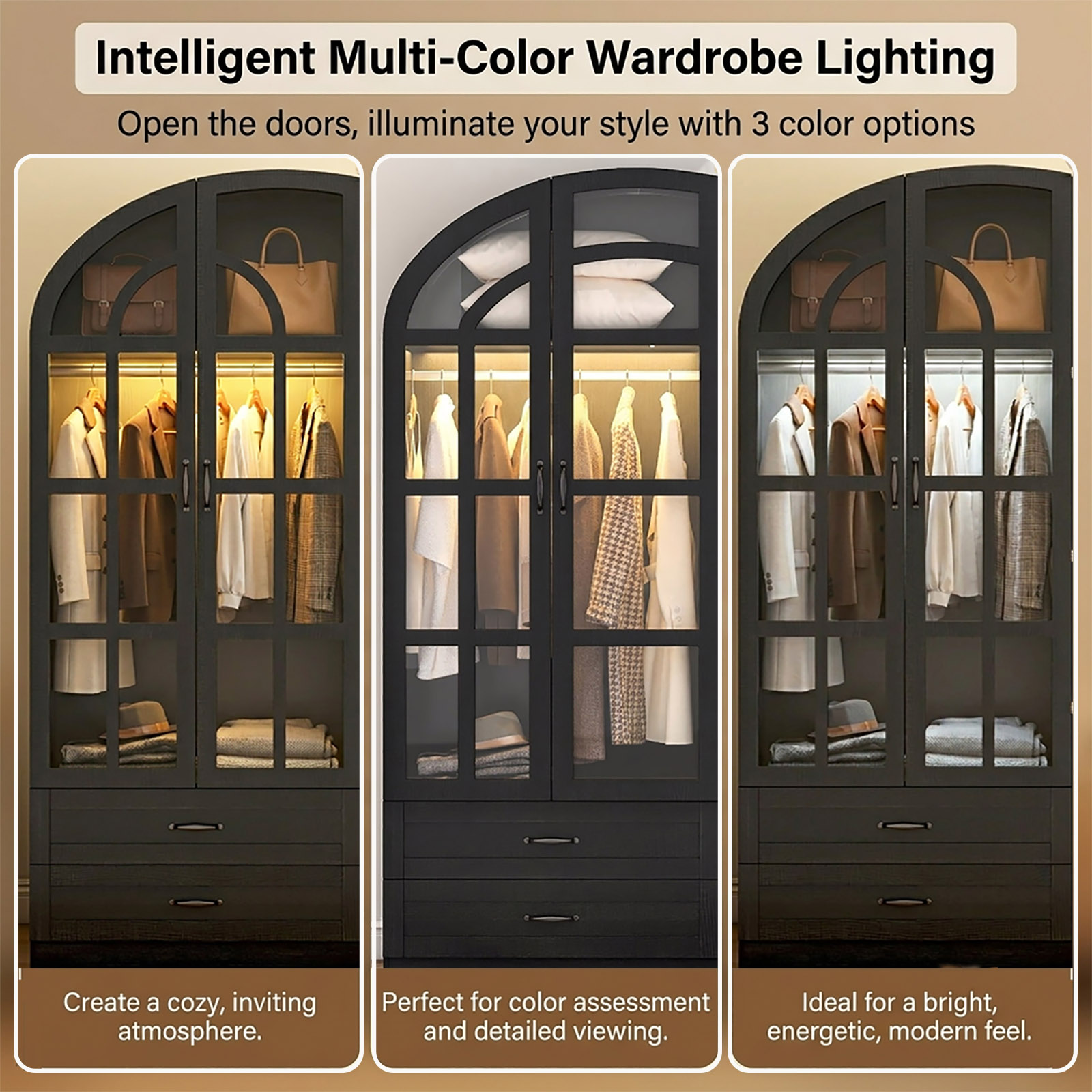 3-Door Arched Armoire Wardrobe with LED Light & Glass Doors