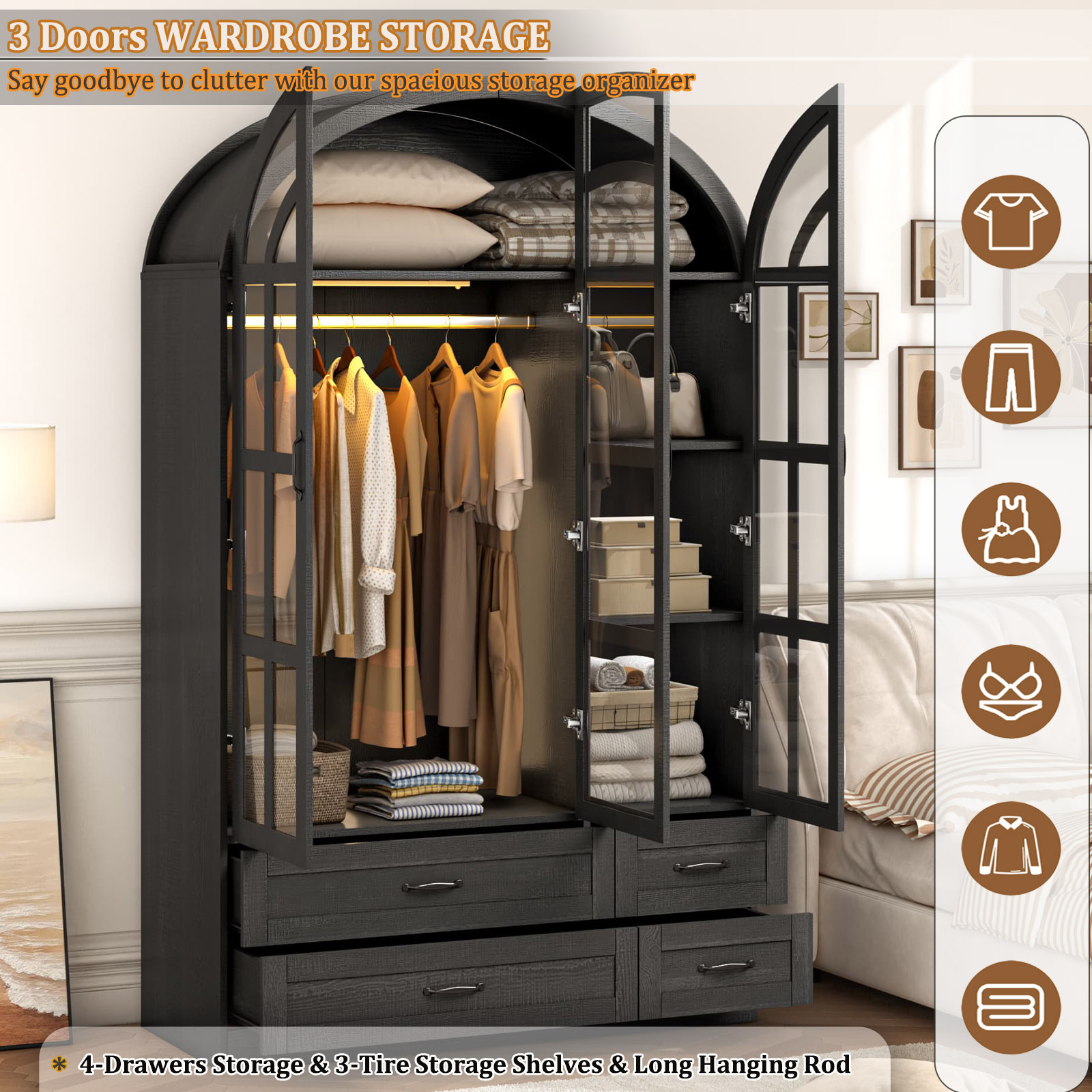 3-Door Arched Armoire Wardrobe with LED Light & Glass Doors