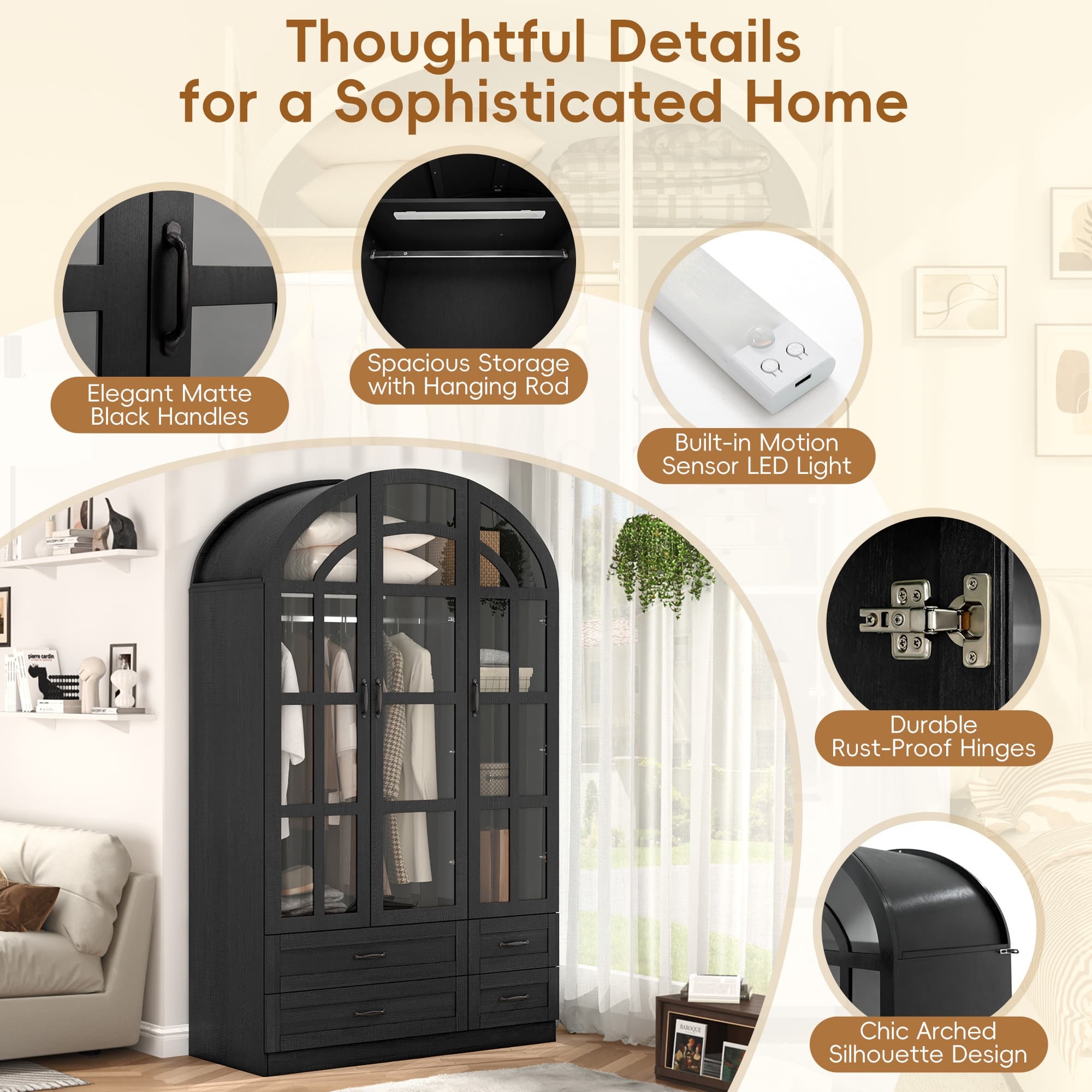 3-Door Arched Armoire Wardrobe with LED Light & Glass Doors