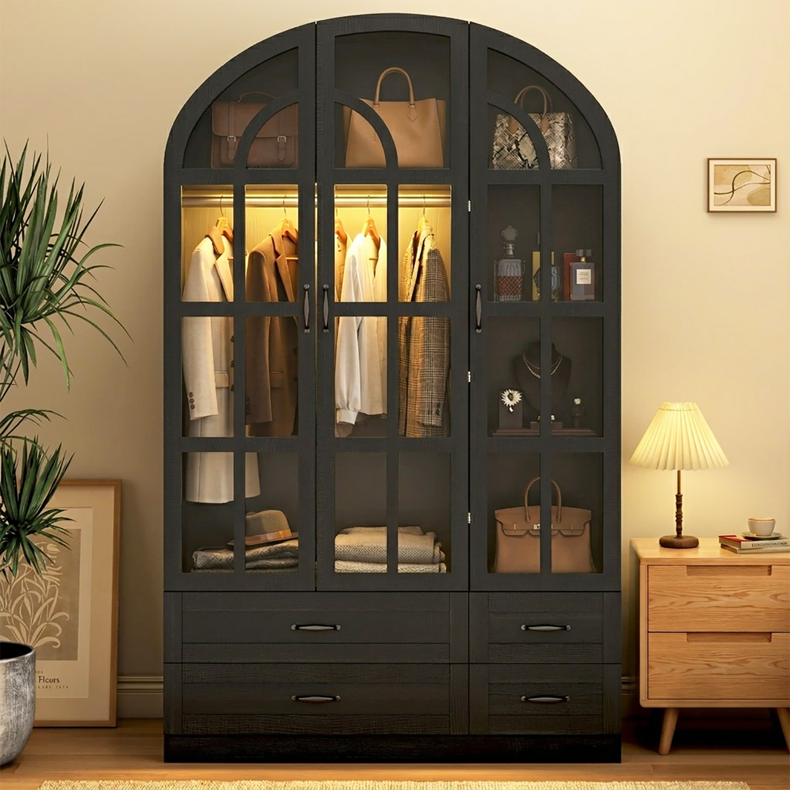 3-Door Arched Armoire Wardrobe with LED Light & Glass Doors