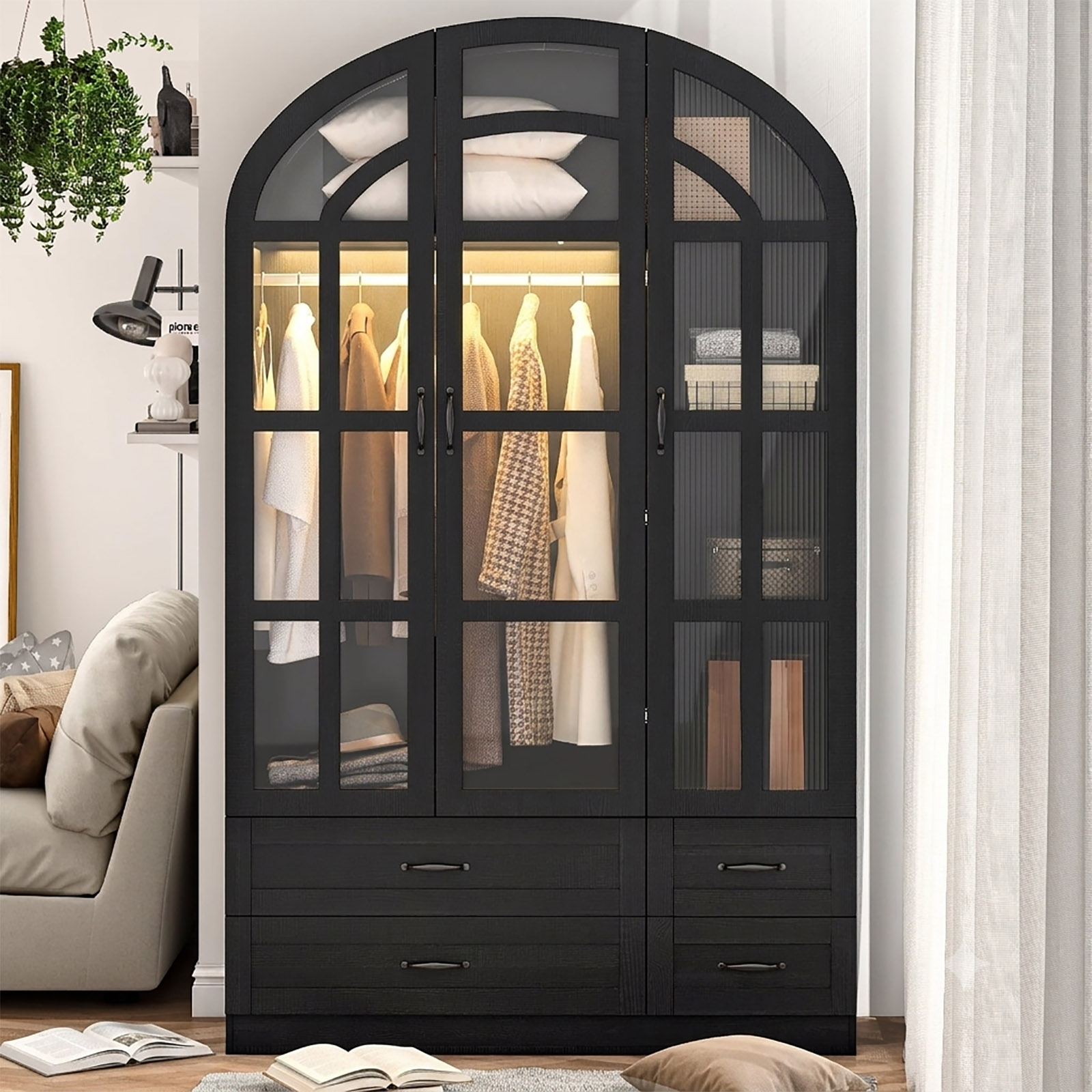 3-Door Arched Armoire Wardrobe with LED Light & Glass Doors