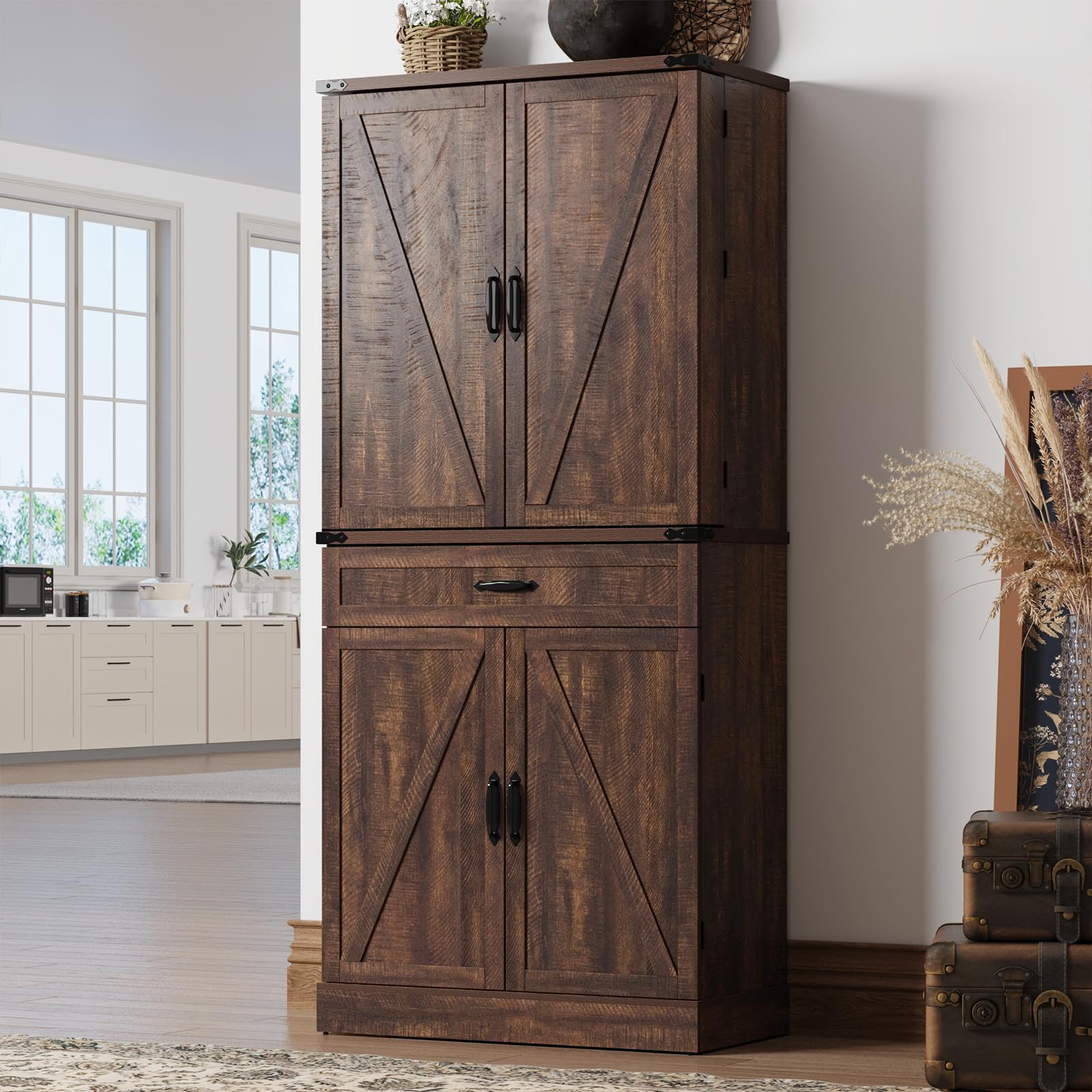 71" Tall Farmhouse Kitchen Pantry with 12 Side Shelves, 5 Layers Pantry Storage Cabinet w/Load-Bearing Steel Pipe & 4 Barn Doors/Adjustable Shelves for Kitchen, Dining Room, Living Room, Brown
