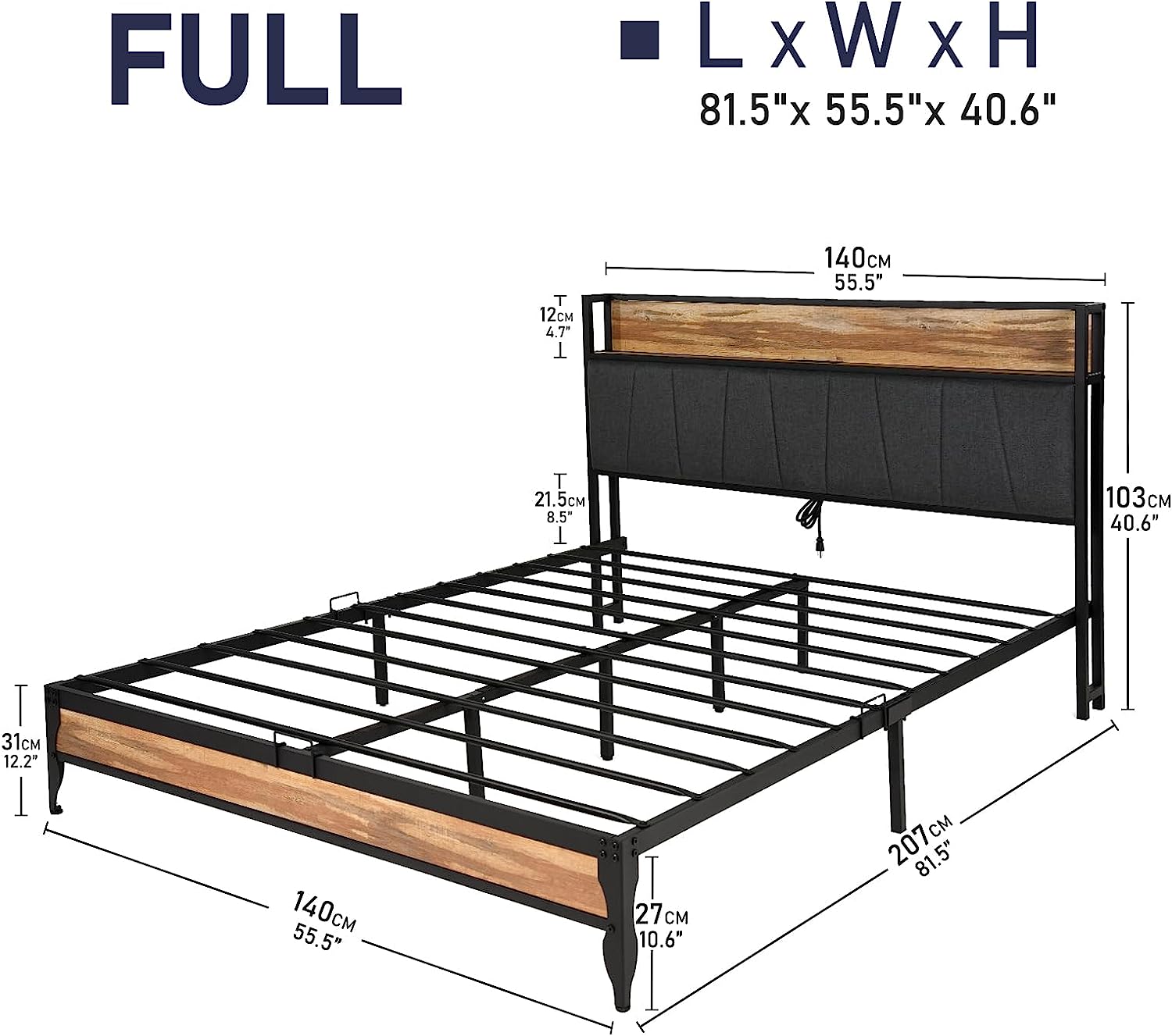 LED Bed Frame with Outlets & USB/Type-C Port and Storage Headboard, Wood Platform Bed with Charging Station and for Bedroom