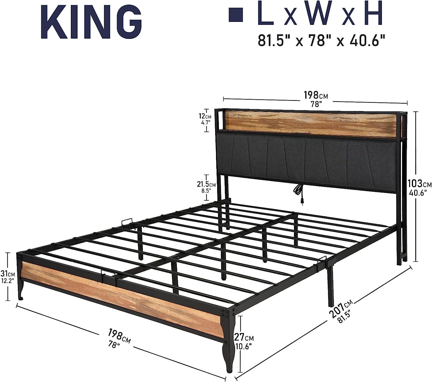 LED Bed Frame with Outlets & USB/Type-C Port and Storage Headboard, Wood Platform Bed with Charging Station and for Bedroom