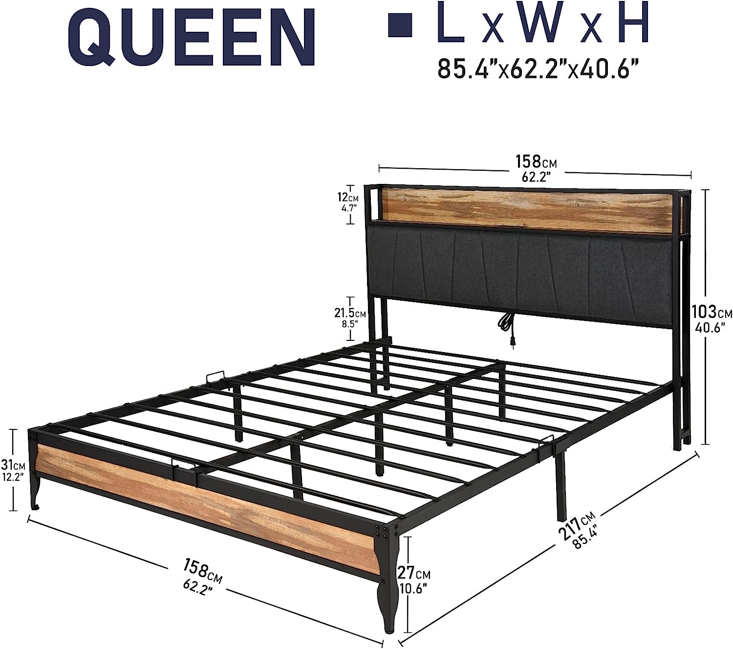 LED Bed Frame with Outlets & USB/Type-C Port and Storage Headboard, Wood Platform Bed with Charging Station and for Bedroom