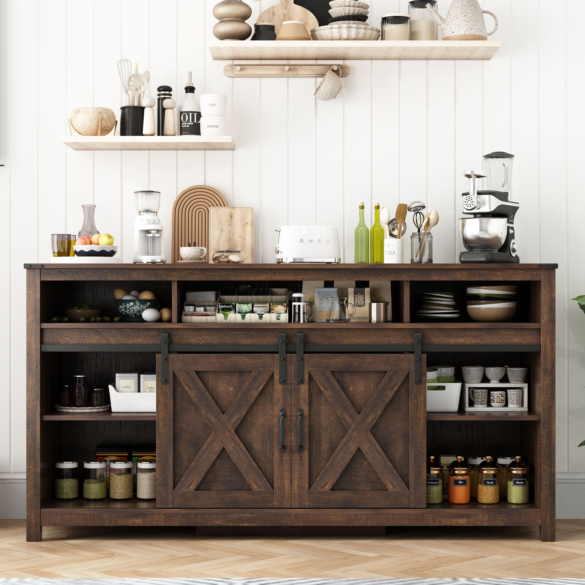 61.5" Farmhouse Coffee Bar Cabinet with LED Light & Power Outlets, Barn Door Sideboard Buffet Cabinet with 4 Tier Storage