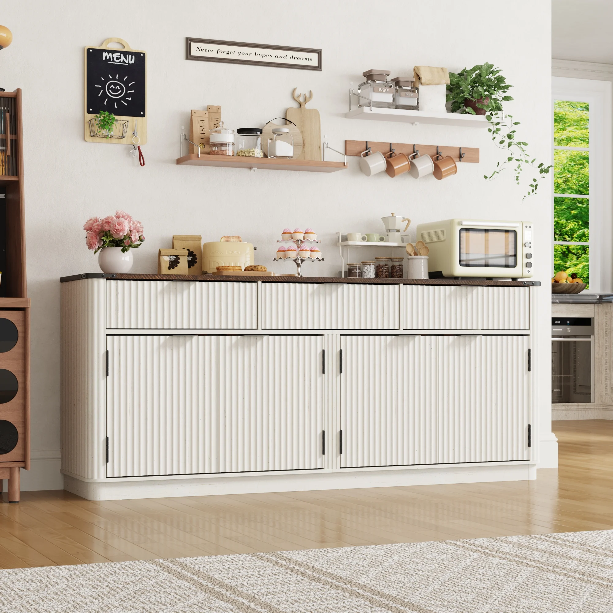 Blotout 70" Fluted Buffet Cabinet Sideboard with Storage, Large Credenza with 3 Drawers, 4 Doors and Shelves, Wood Modern Farmhouse Sideboard for Kitchen and Living Room