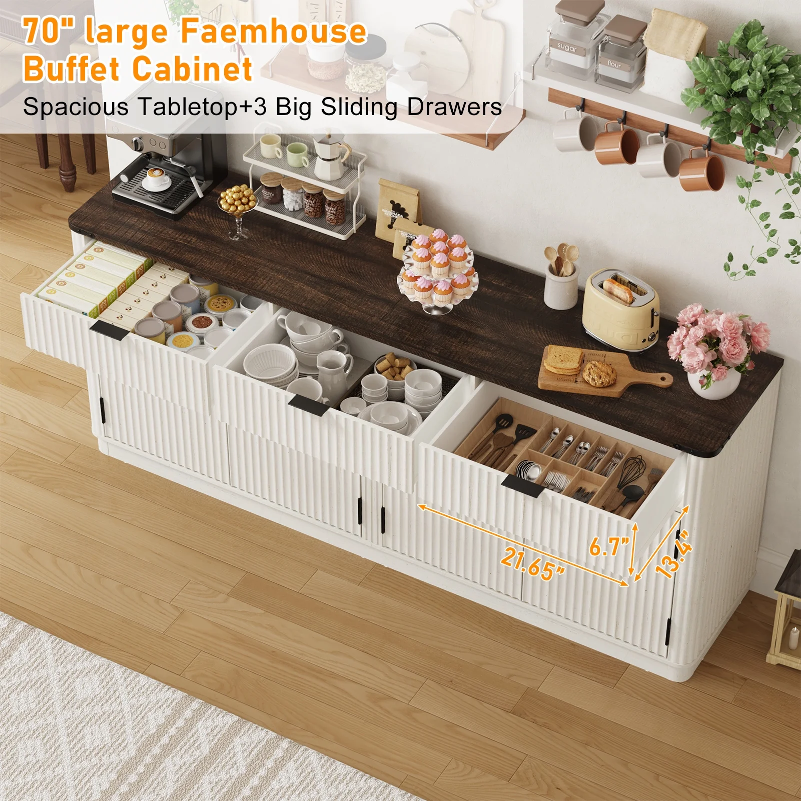 Blotout 70" Fluted Buffet Cabinet Sideboard with Storage, Large Credenza with 3 Drawers, 4 Doors and Shelves, Wood Modern Farmhouse Sideboard for Kitchen and Living Room