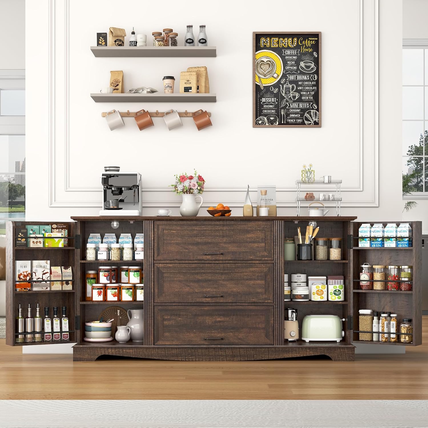 Blotout 65" Sideboard Buffet Cabinet with Storage, Farmhouse Kitchen Pantry Storage Cabinet, Credenza with Drawers, Wood Coffee Bar Cabinet, White