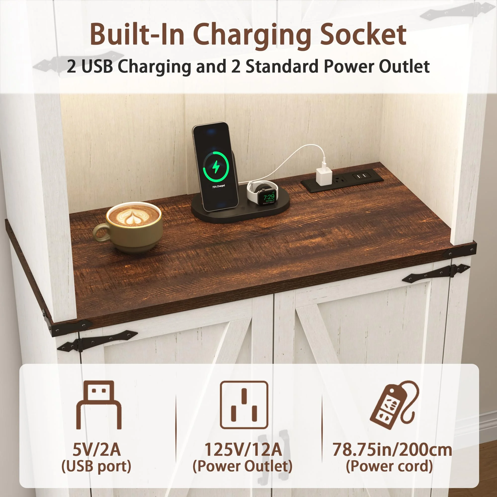 Tall Farmhouse Kitchen Pantry Cabinet with 10 Side Shelves and LED Light&Power Outlet,5 Layers Pantry Storage Cabinet with Barn Doors&Load-Bearing Steel Pipe for Dining Room,Living Room
