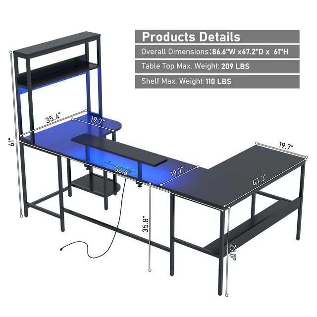 Blotout 87" U Shaped Computer Desk with Power Outlet, LED Reversible L Shaped Gaming Desk with Shelf and Hutch, Home Office Desk with Monitor Stand